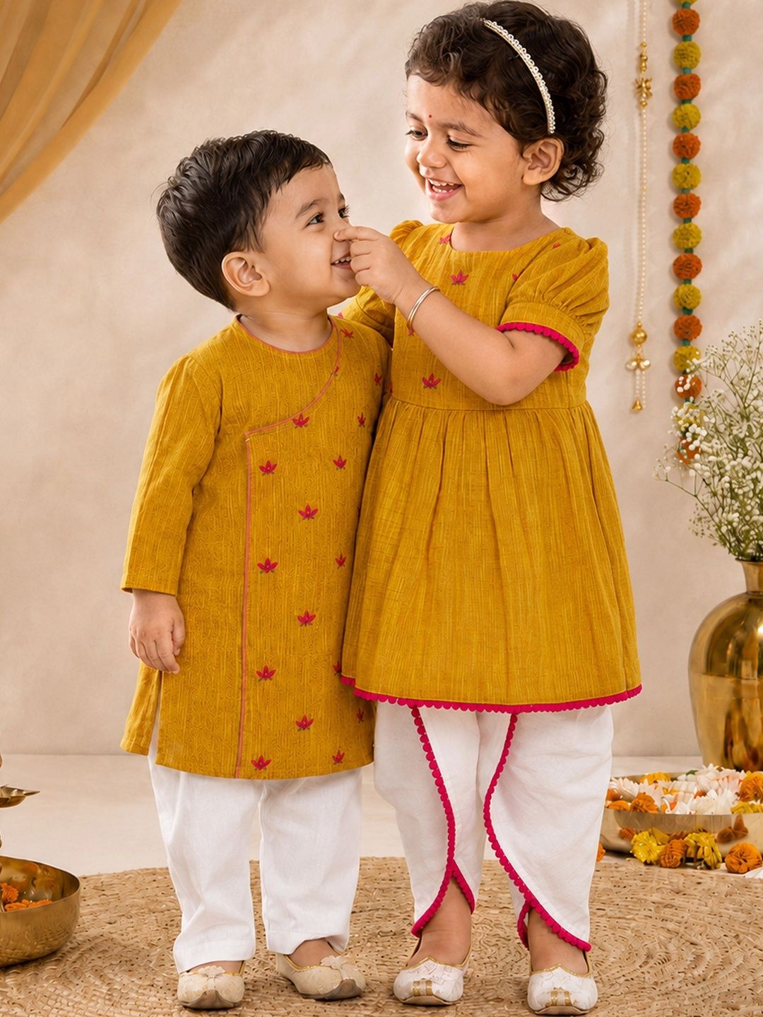 VASTRAMAY Boys Ethnic Motifs Embroidered Angrakha Thread Work Pure Cotton Kurta with Pyjamas-picture-20
