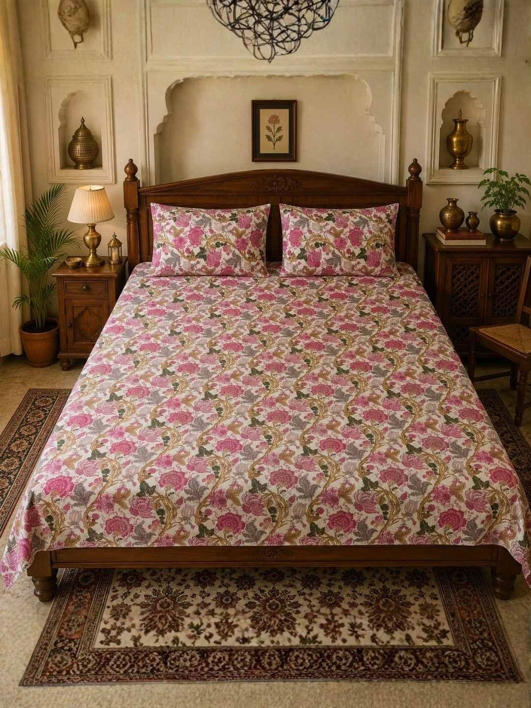 HABOOO Pink & Green 144 TC Bedsheet with 2 Pillow Covers-image-18