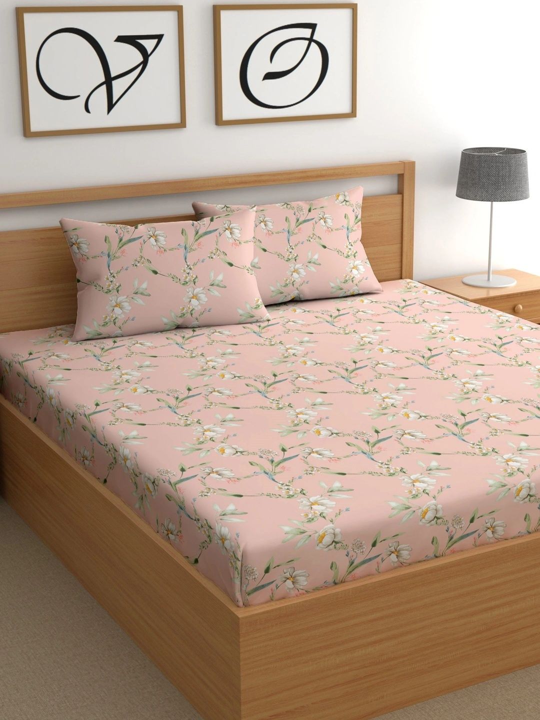 Myntra Elegant Homes Peach-Coloured Floral 300 TC King Bedsheet with 2 Pillow Covers-picture-14