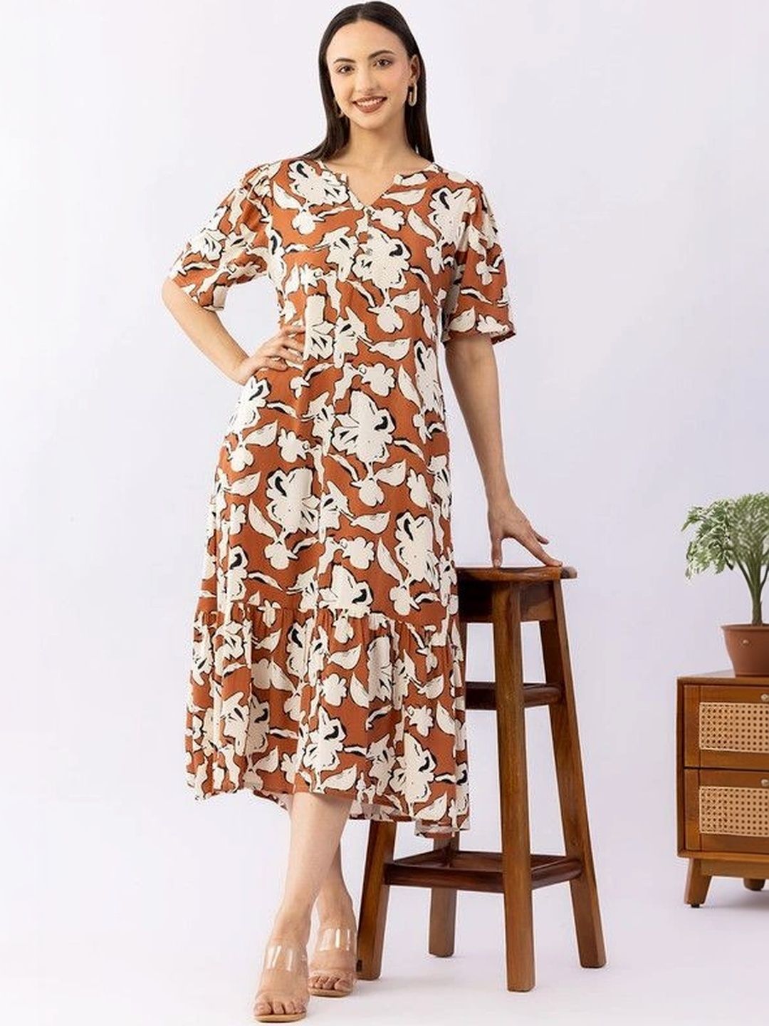 Mustard Floral Print A-Line Midi Dress-image-0
