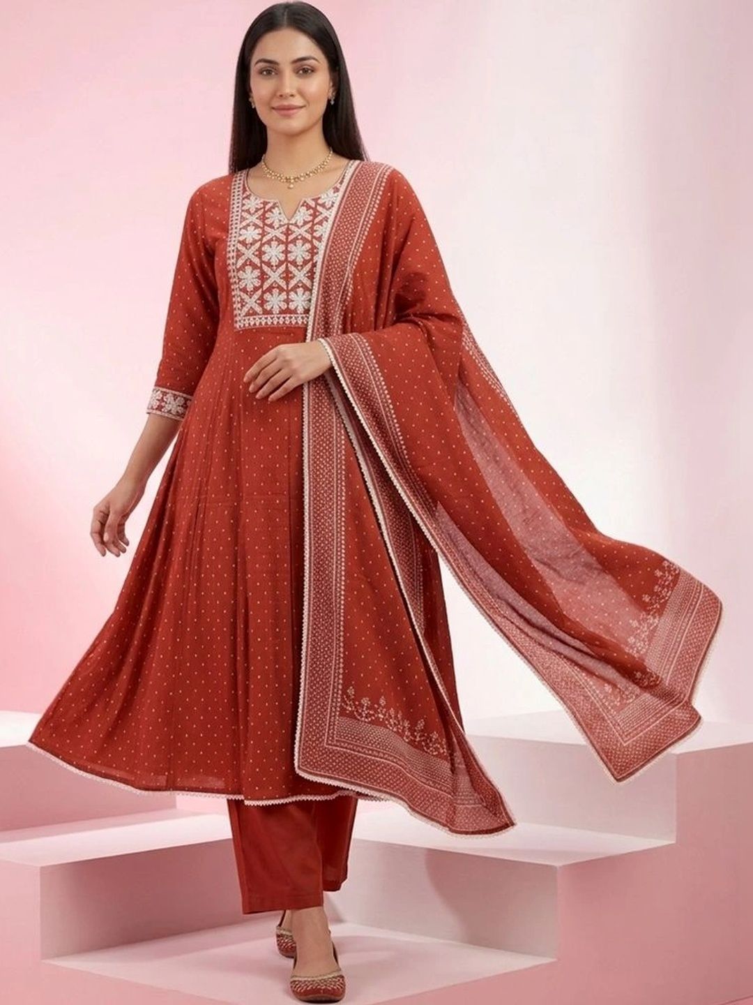 gokurtis Ethnic Embroidered V-Neck Thread Work Pure Cotton Blend Handloom Anarkali Kurti-picture-34