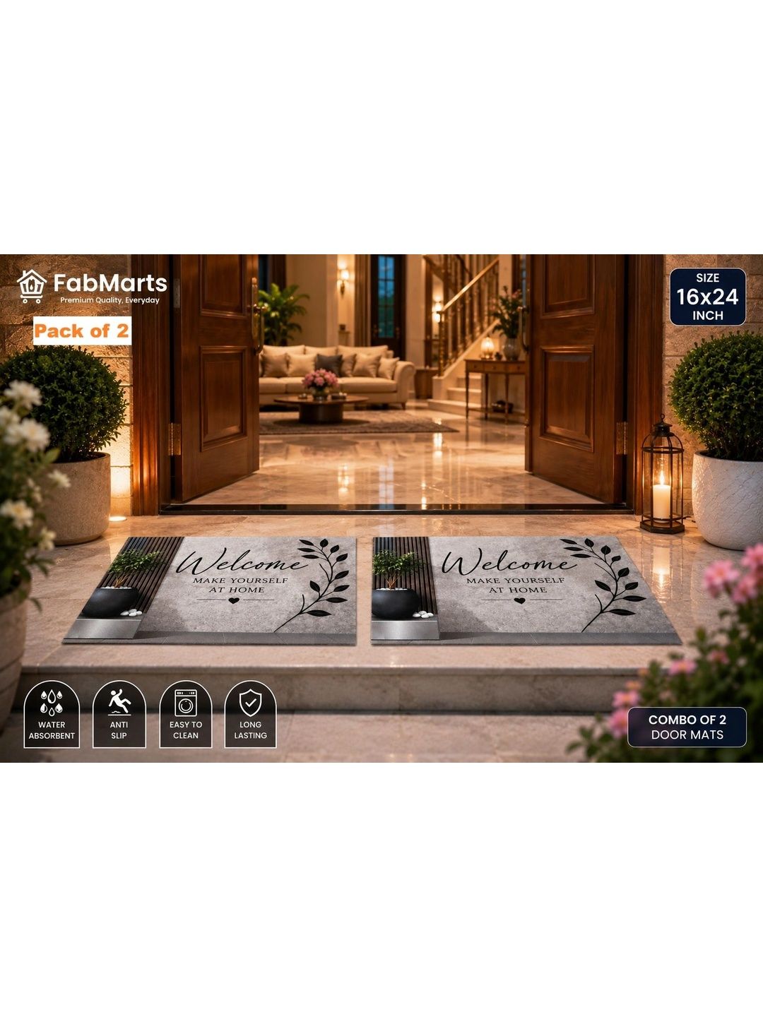 FabMarts 2-Pcs Grey Welcome Water Absorbent Doormats-picture-14