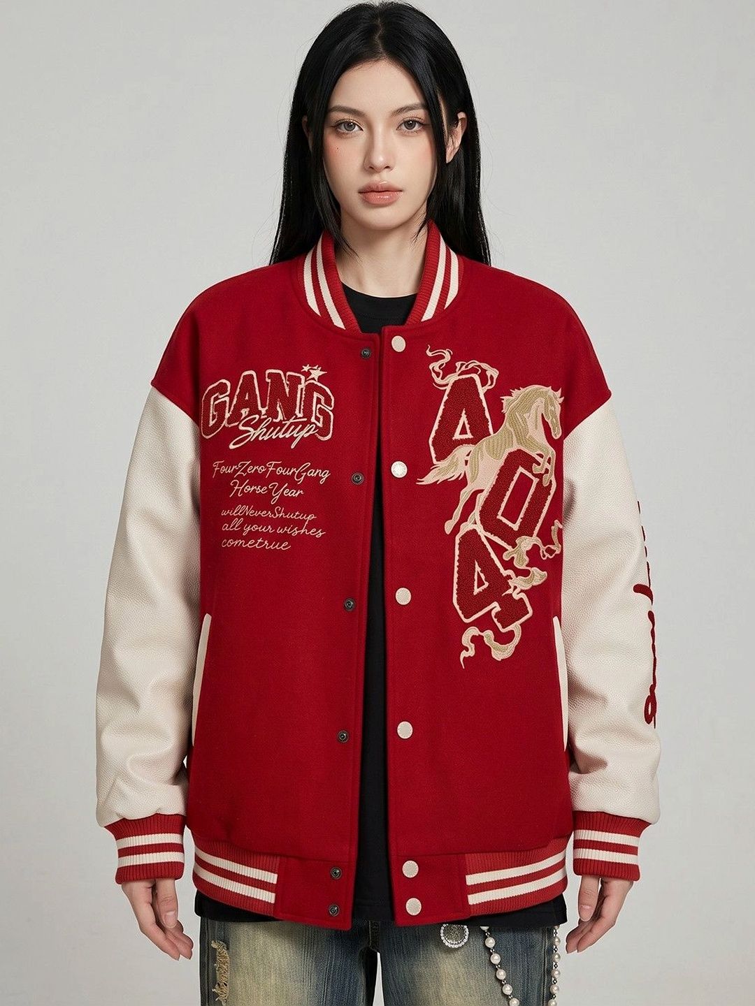 Suo Women Colourblocked Varsity Jacket with Embroidered-picture-20