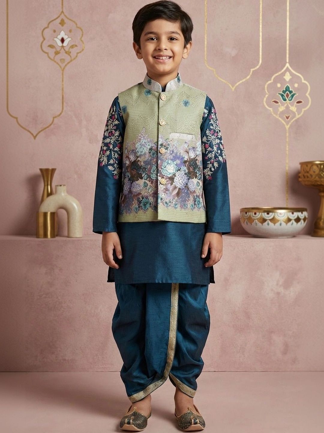 HUMAN CHOICE Boys Ethnic Motifs Regular Dupion Silk Kurta with Dhoti Pants-picture-12