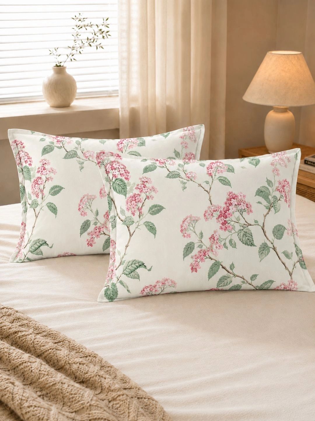 Clasiko Cream-Coloured 2 Pieces Floral Pure Cotton Blend Rectangle Pillow Covers-picture-5