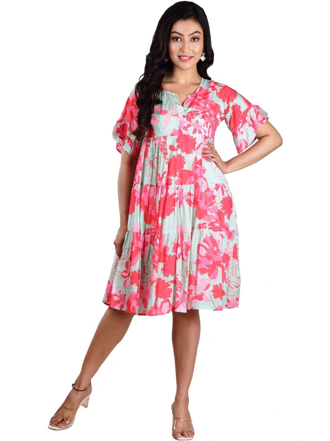Clothe Funn Floral Print Flared Sleeve A-Line Dress-picture-12