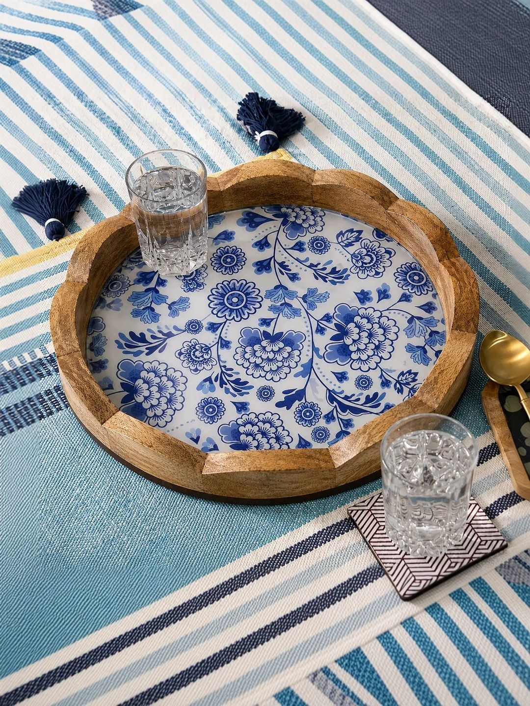 THREADVIBE LIVING Blue 2026 Wood 1 Pieces Hand-Painted Serving Tray-picture-7
