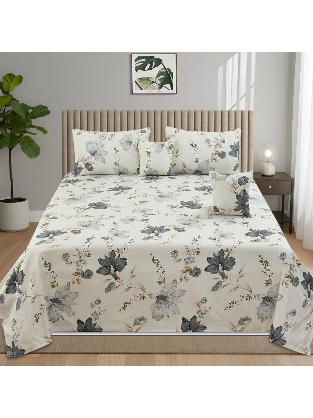 Homio White & Grey Floral Polycotton 5 Piece Double King Superfine Bedding Set-image-47