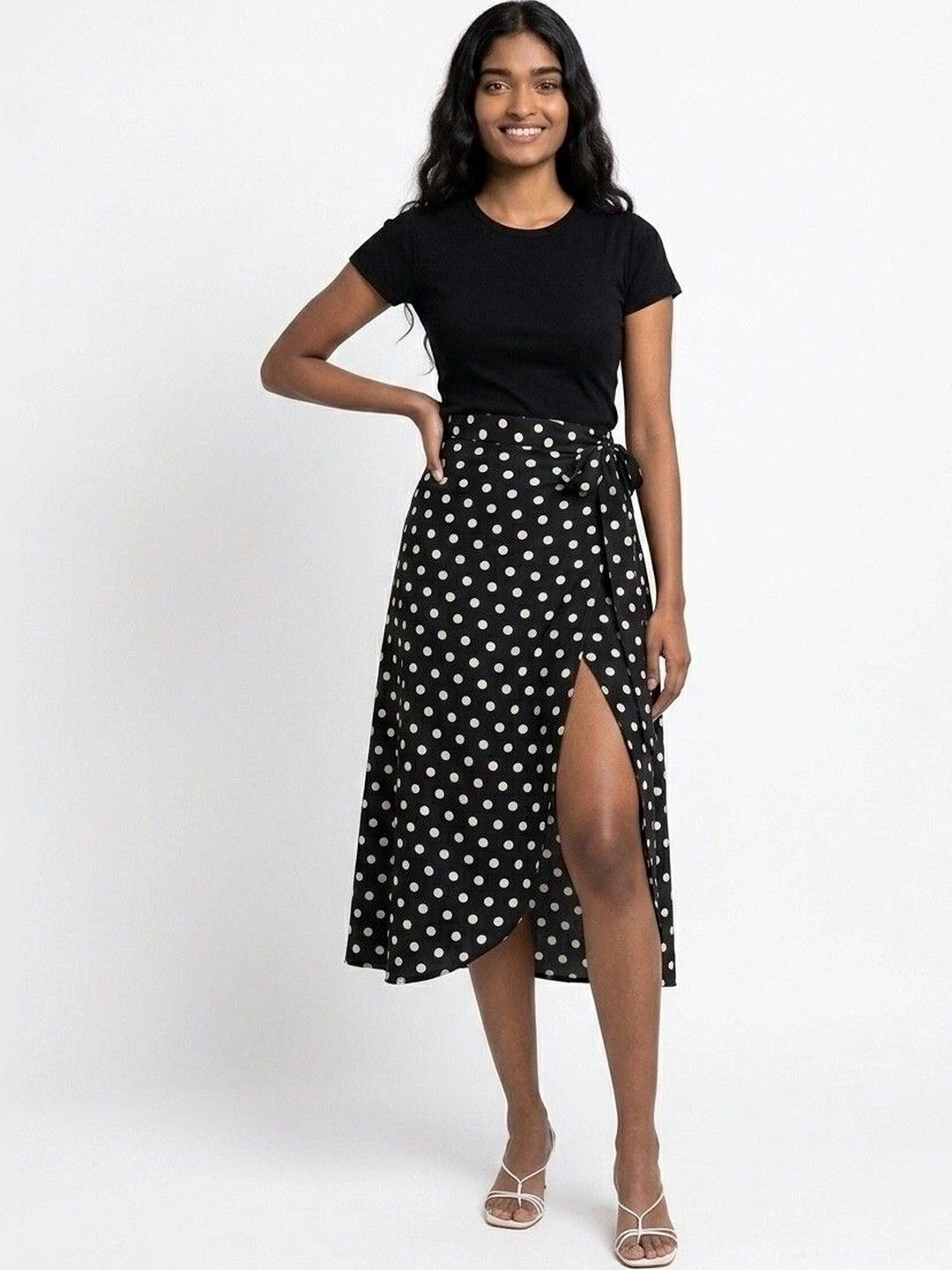 BODYFIGURE Women Crepe Geometric Front Slit Midi Wrap Skirt-picture-22