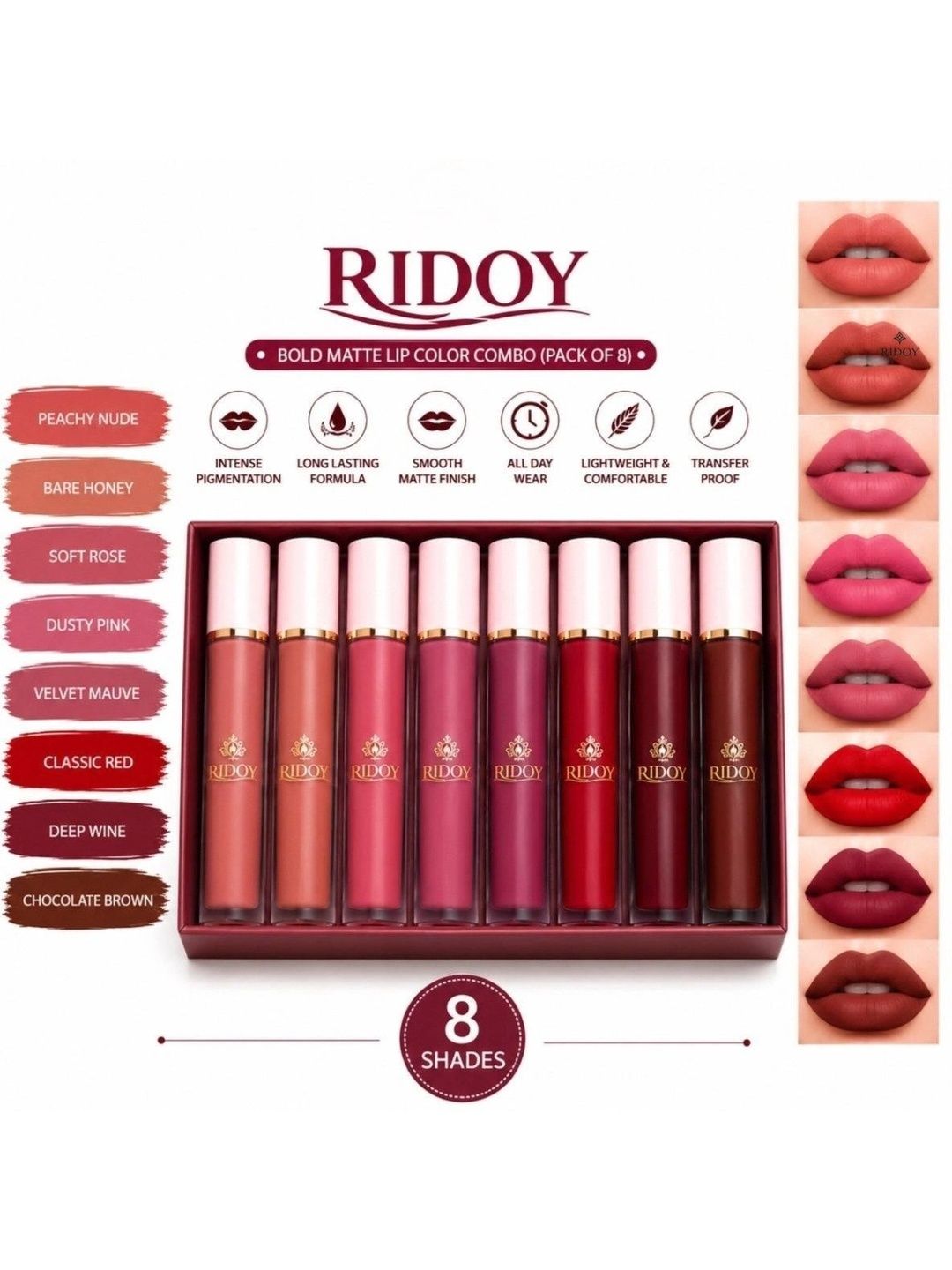 ridoy Set Of 8 Waterproof Liquid Matte Lipstick-3 ml Each - Light Pink-Maroon-Brown-Magent-picture-15