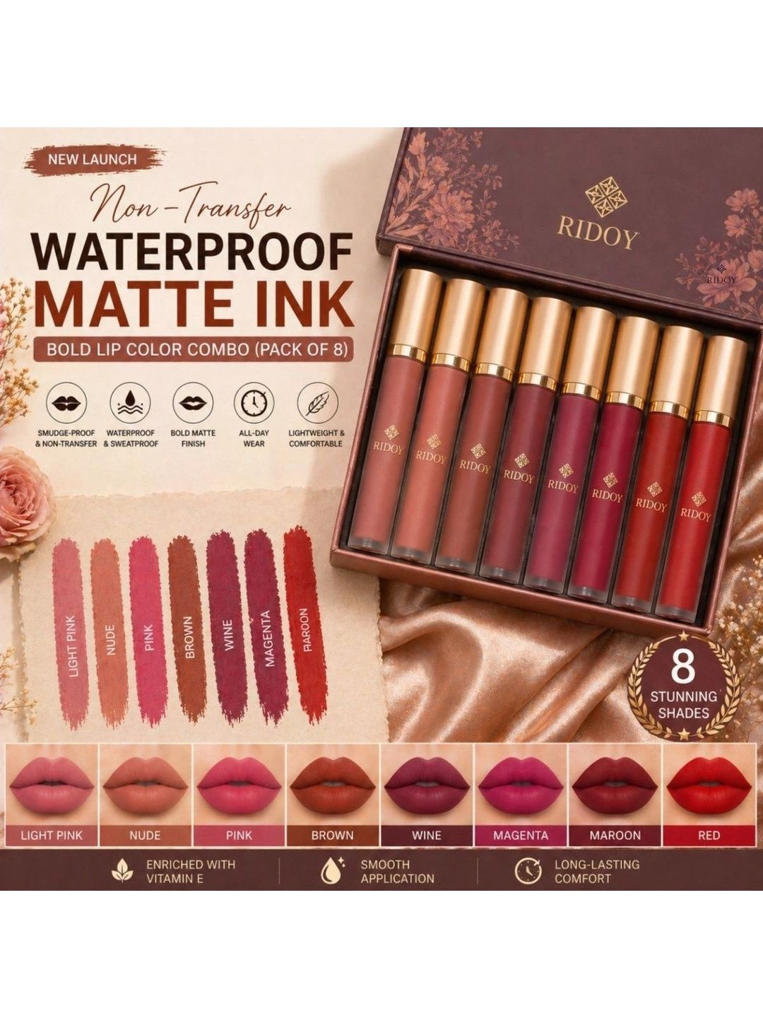 ridoy Set Of 8 Waterproof Liquid Matte Lipstick-3 ml Each - Light Pink-Maroon-Brown-Magent-image-48