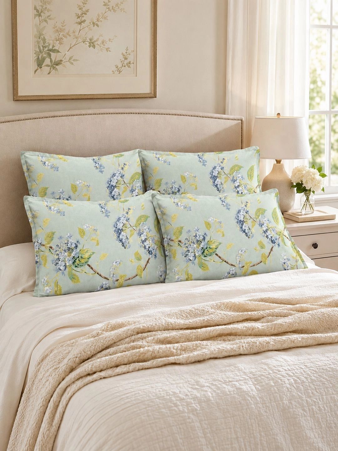 Clasiko Green 4 Pieces Floral Pure Cotton Blend Rectangle Pillow Covers-picture-7