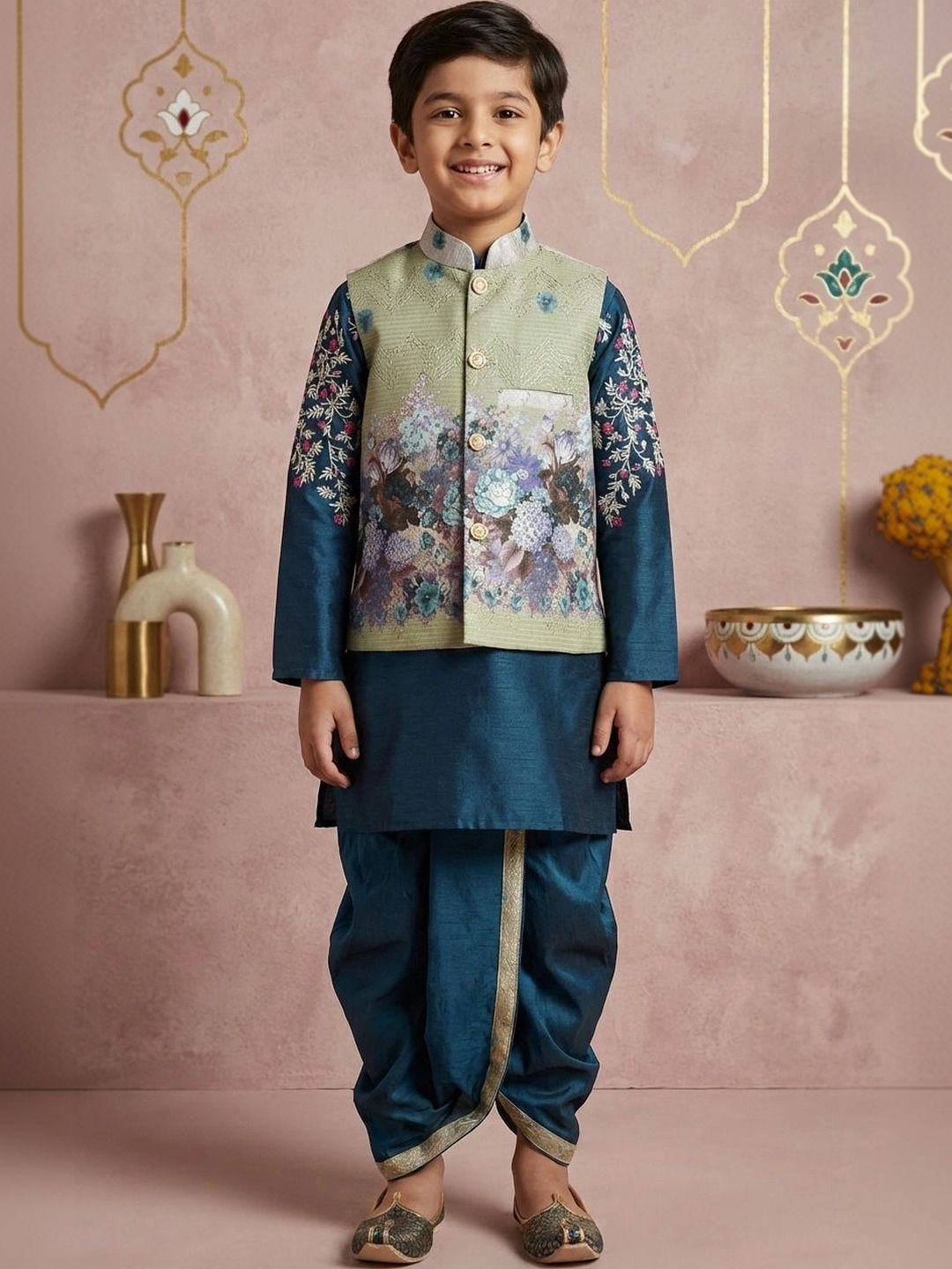 NFC CREATION Boys Ethnic Motifs Regular Dupion Silk Kurta with Dhoti Pants-picture-24