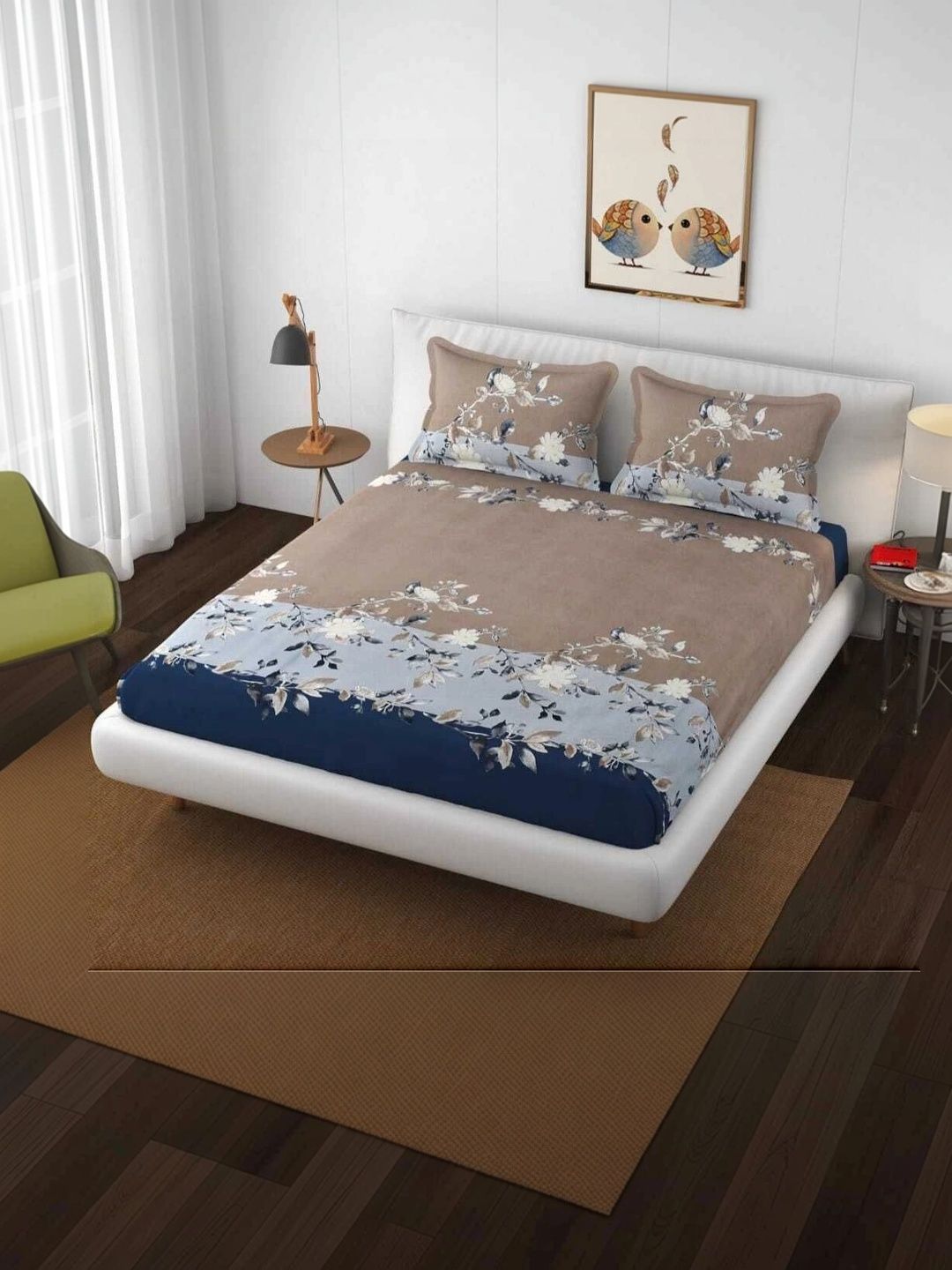 TINDLER KNOTS Blue & Brown Floral 210 TC Bedsheet with 2 Pillow Covers-picture-14