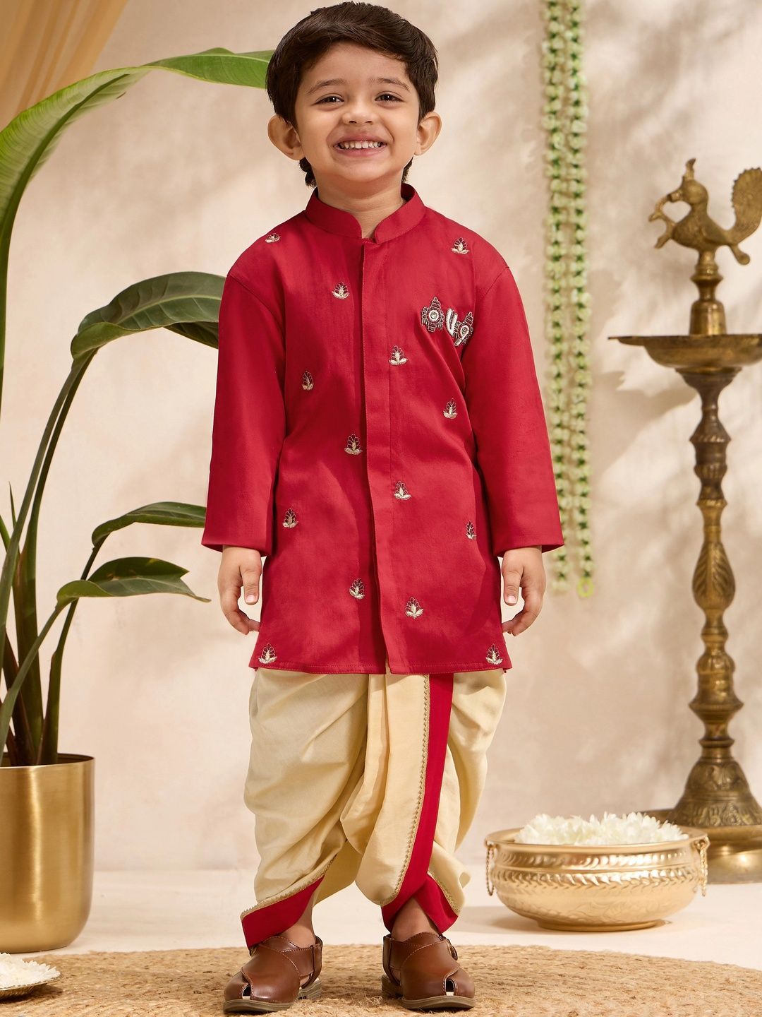 VASTRAMAY Boys Ethnic Motifs Embroidered Regular Thread Work Kurta with Dhoti Pants-picture-12