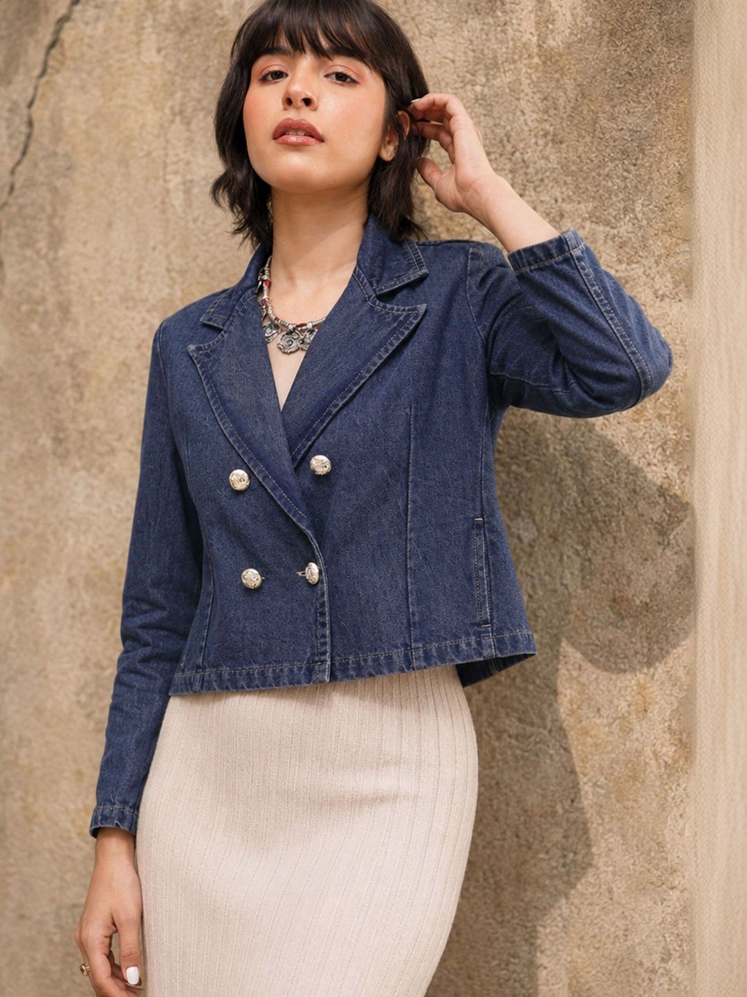 SASSAFRAS Notched Lapel Double-Breasted Crop Blazer-image-15