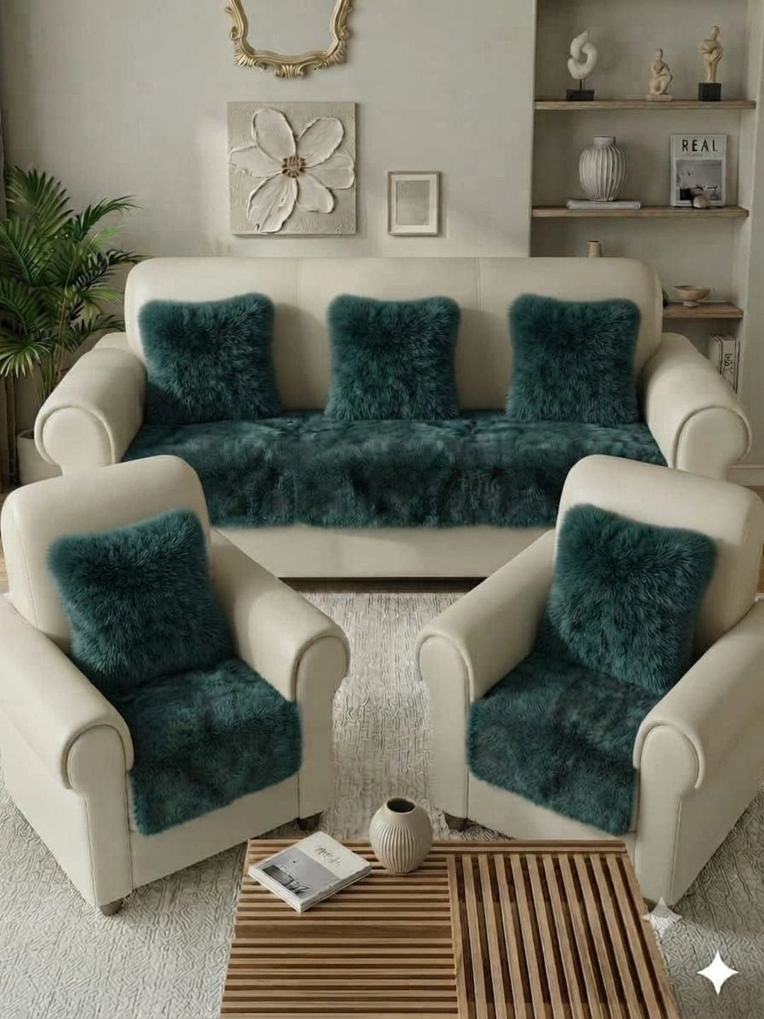 KANUM Sea Green Solid Viscose Rayon Blend 5 Piece Sofa Cover Without Arms-picture-50