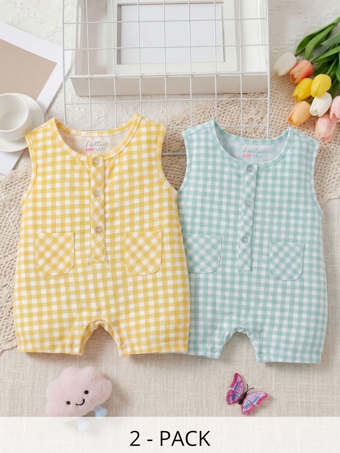 HELLCAT Infants Pack of 2 Checked Cotton Rompers-picture-25