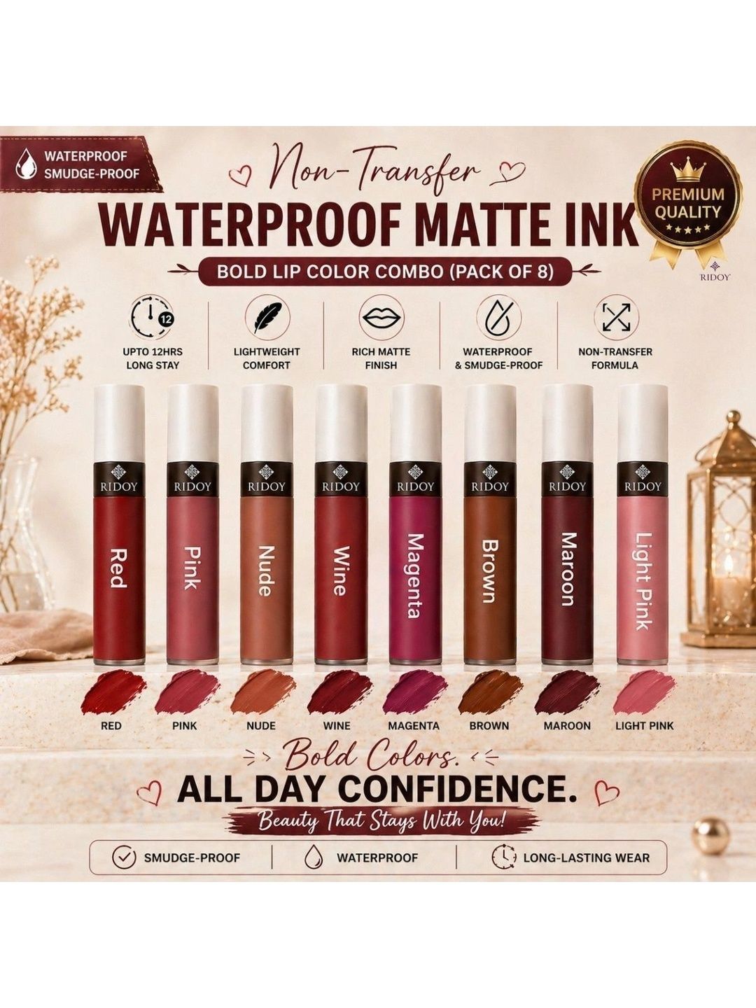 ridoy Set Of 8 Waterproof Liquid Matte Lipstick-3 ml Each - Light Pink-Maroon-Brown-Magent-image-28