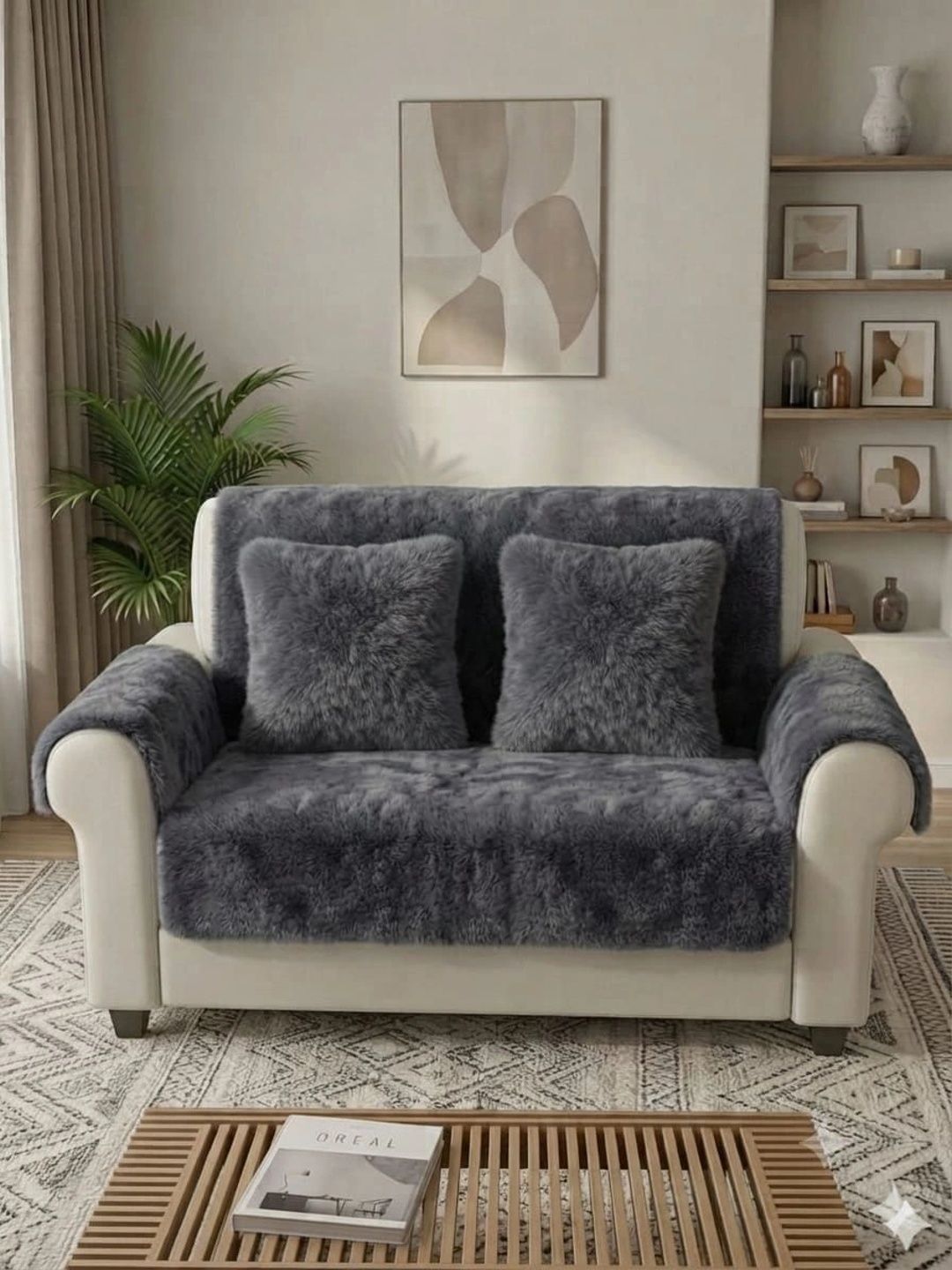 KANUM Grey Viscose Rayon Blend Sofa Cover With Arms-picture-39