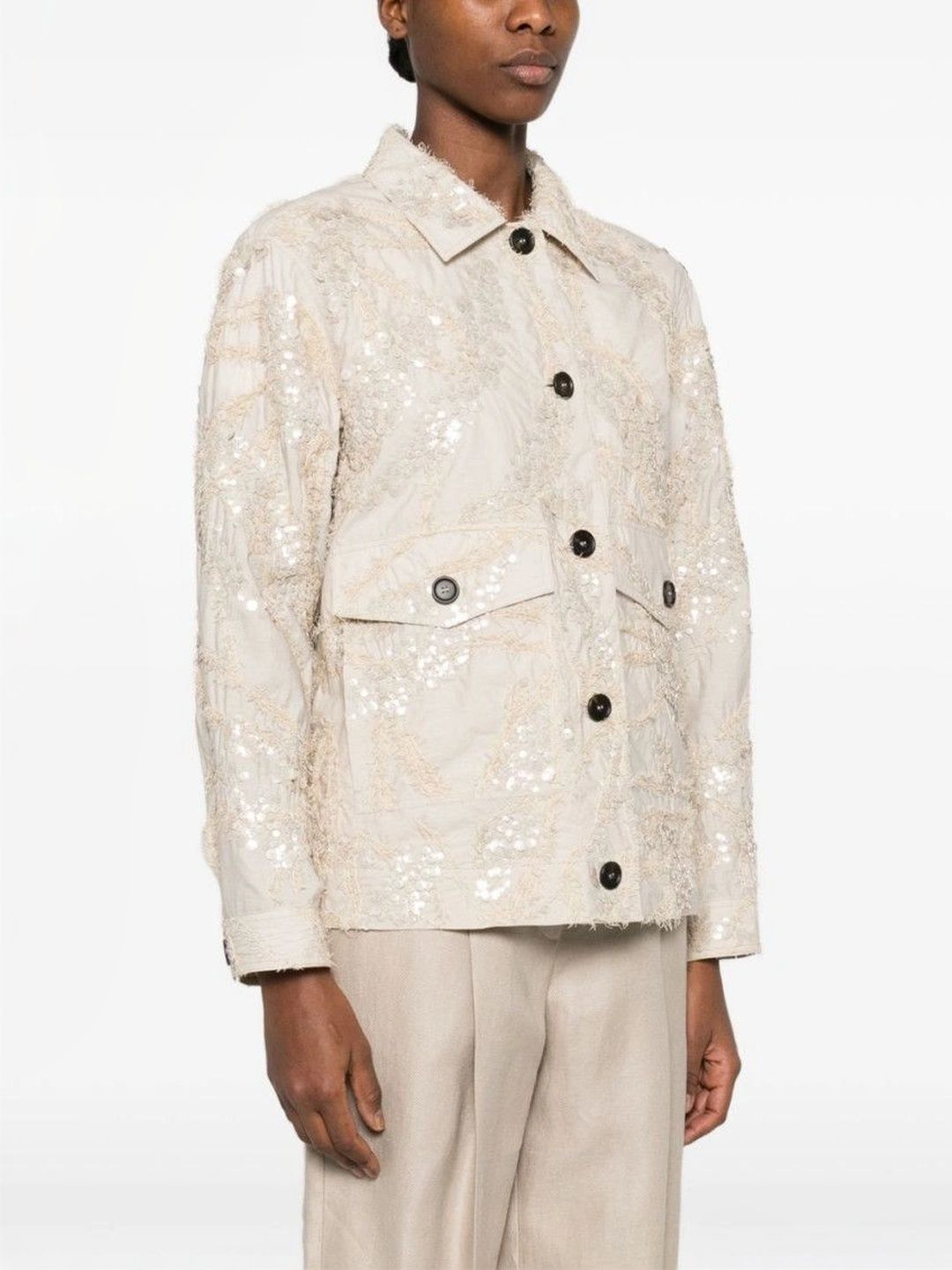 Brunello Cucinelli Beige Embellished Shirt Collar Blazer-picture-36