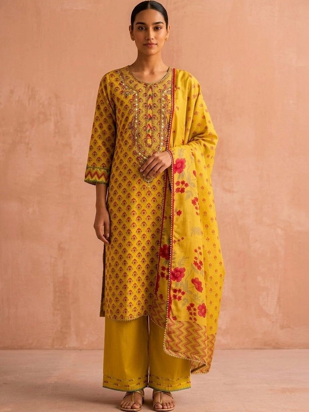 Heritage Women Floral Printed Regular Mirror Work Chanderi Cotton Kurta with Palazzos & With Dupatta-picture-49