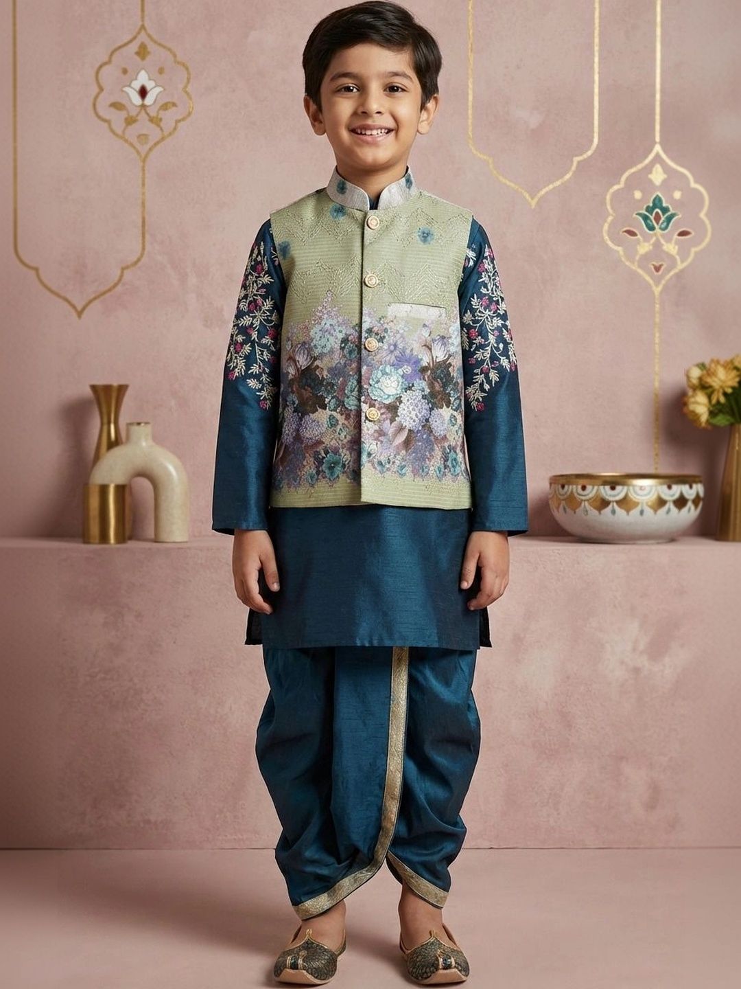 AHLAN APPARELS Boys Ethnic Motifs Regular Dupion Silk Kurta with Dhoti Pants-picture-10