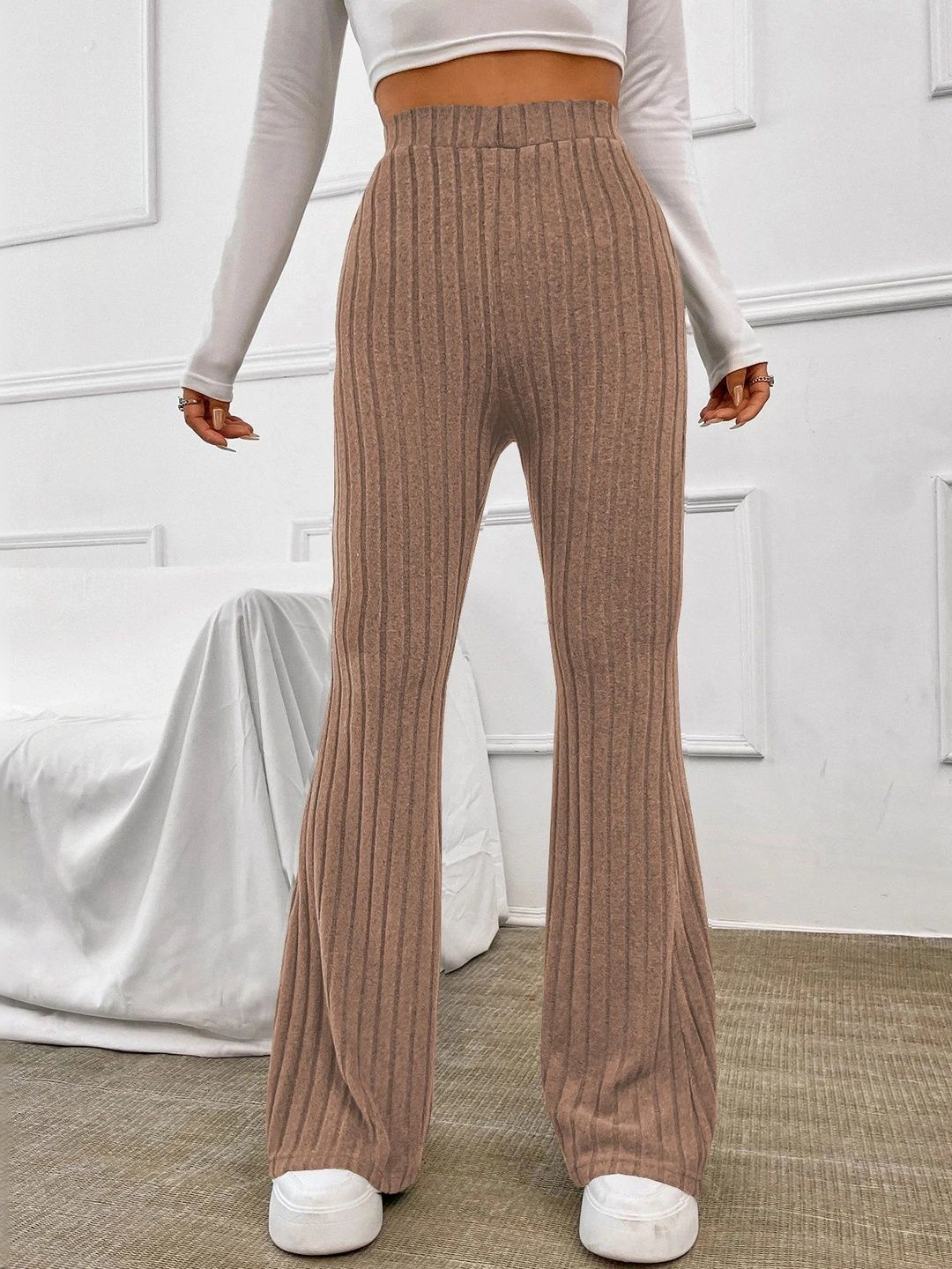 LERIYA FASHION Women Textured Striped Smart High-Rise Wrinkle Free Trousers-picture-36