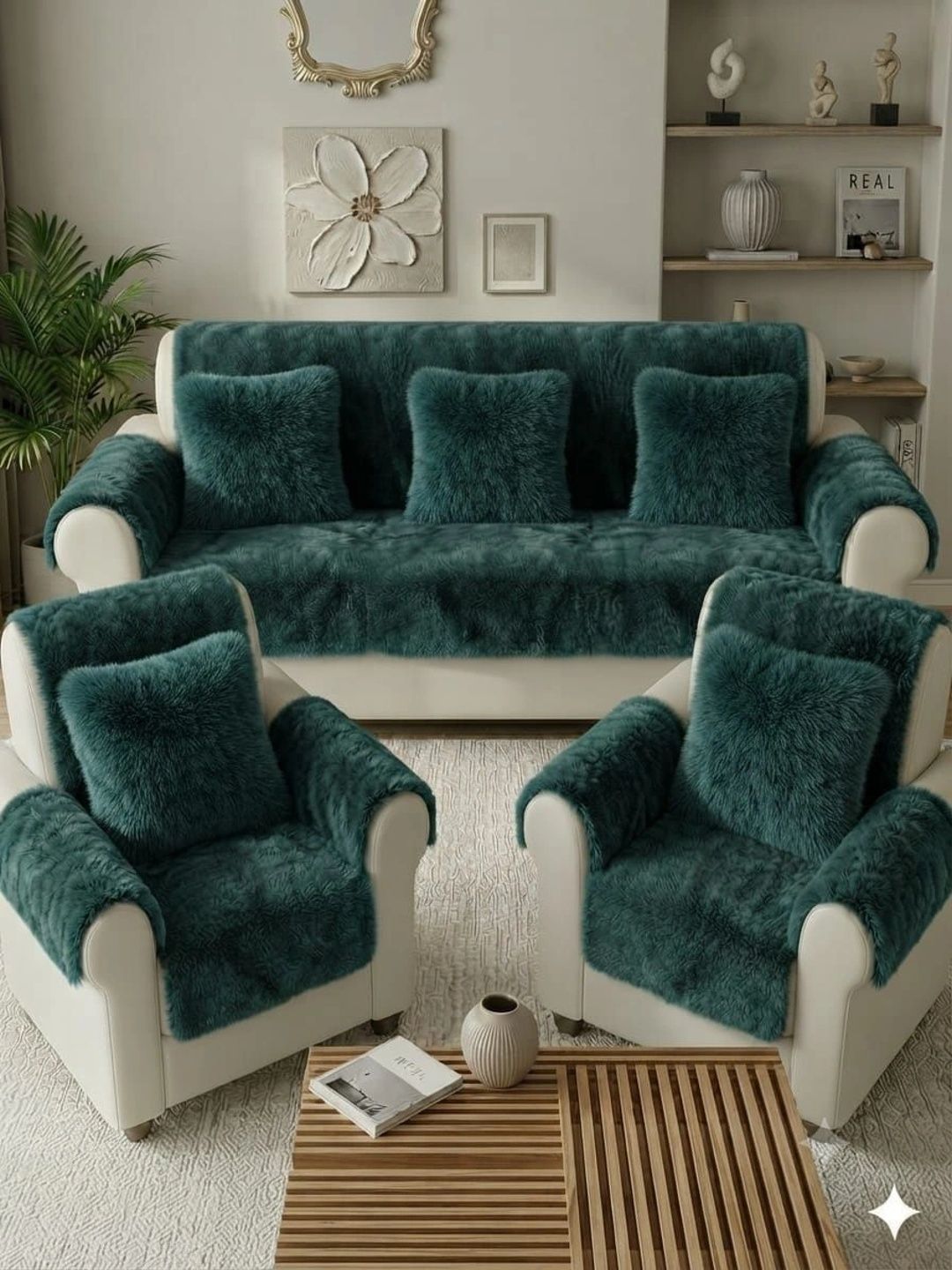 KANUM Sea Green Solid Viscose Rayon Blend Sofa Cover With Arms-picture-13