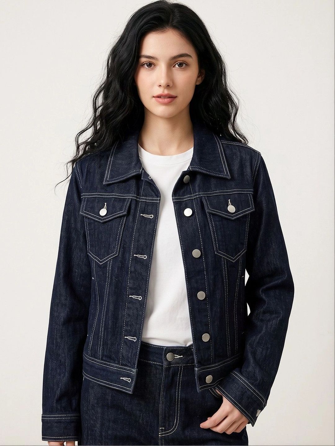 Suo Women Spread Collar Denim Jacket-image-14