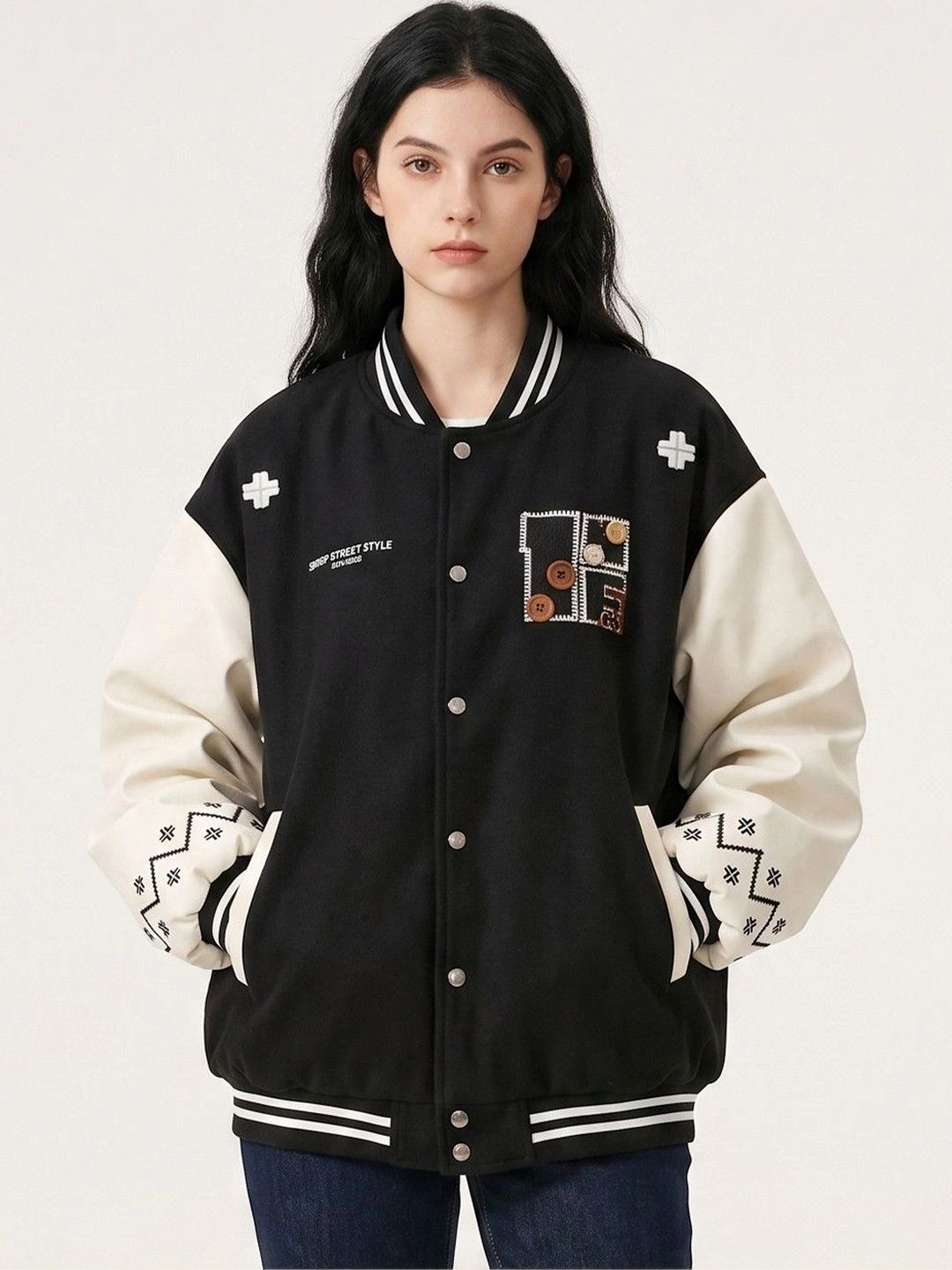 Suo Women Colourblocked Patchwork Stand Collar Varsity Jacket-picture-42