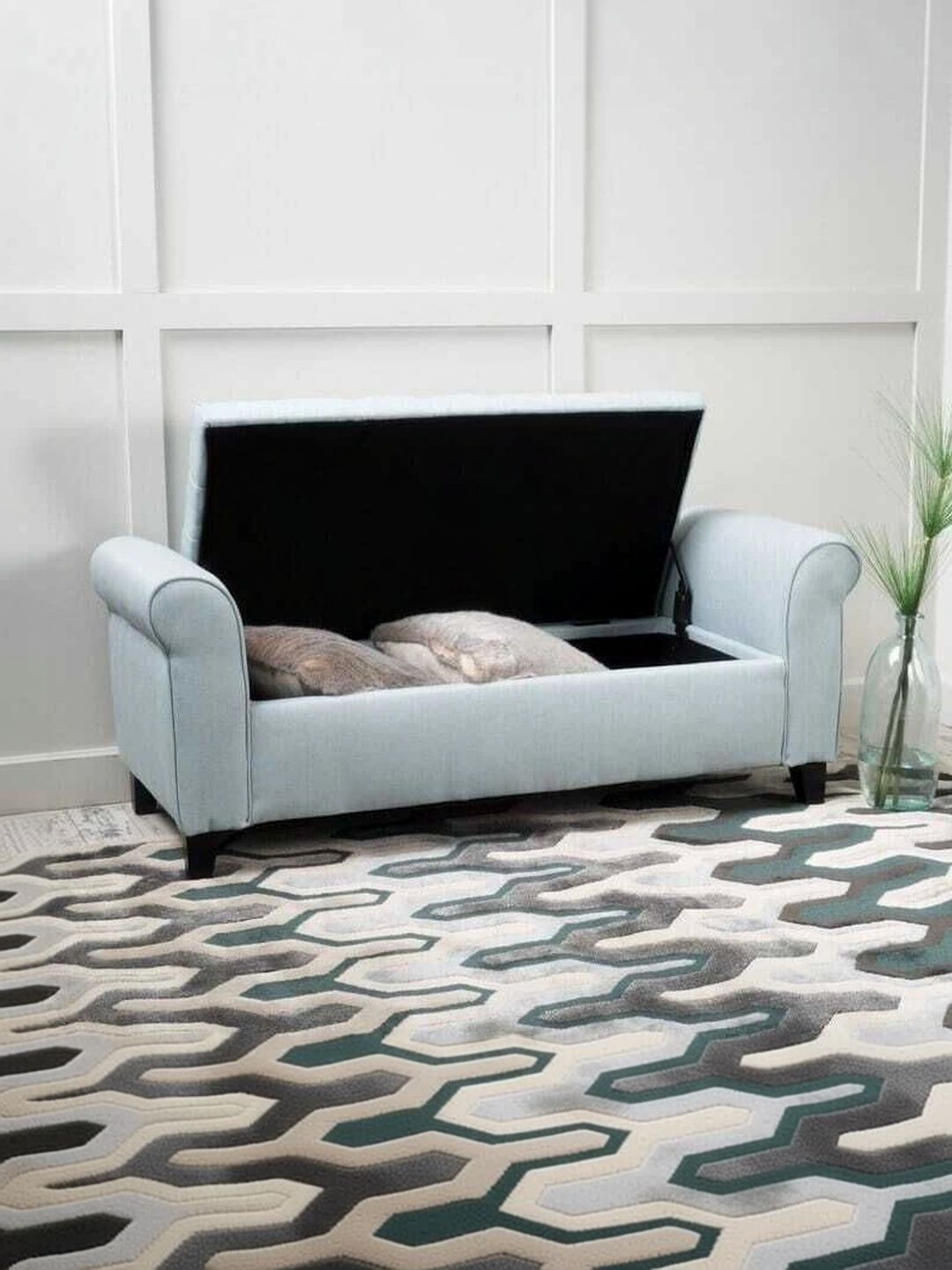 INDIAWOODMART Blue & Black Wooden Fabric 2 Seater Sofa With Storage-picture-25