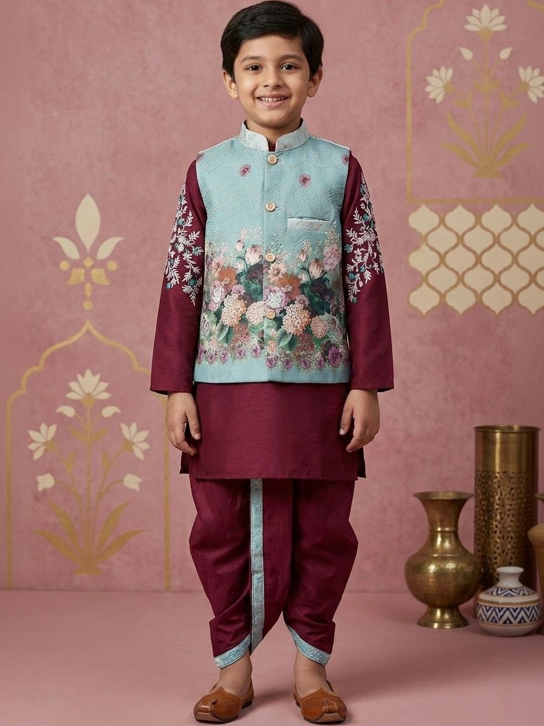 Cae Boys Floral Regular Dupion Silk Kurta with Dhoti Pants-image-44