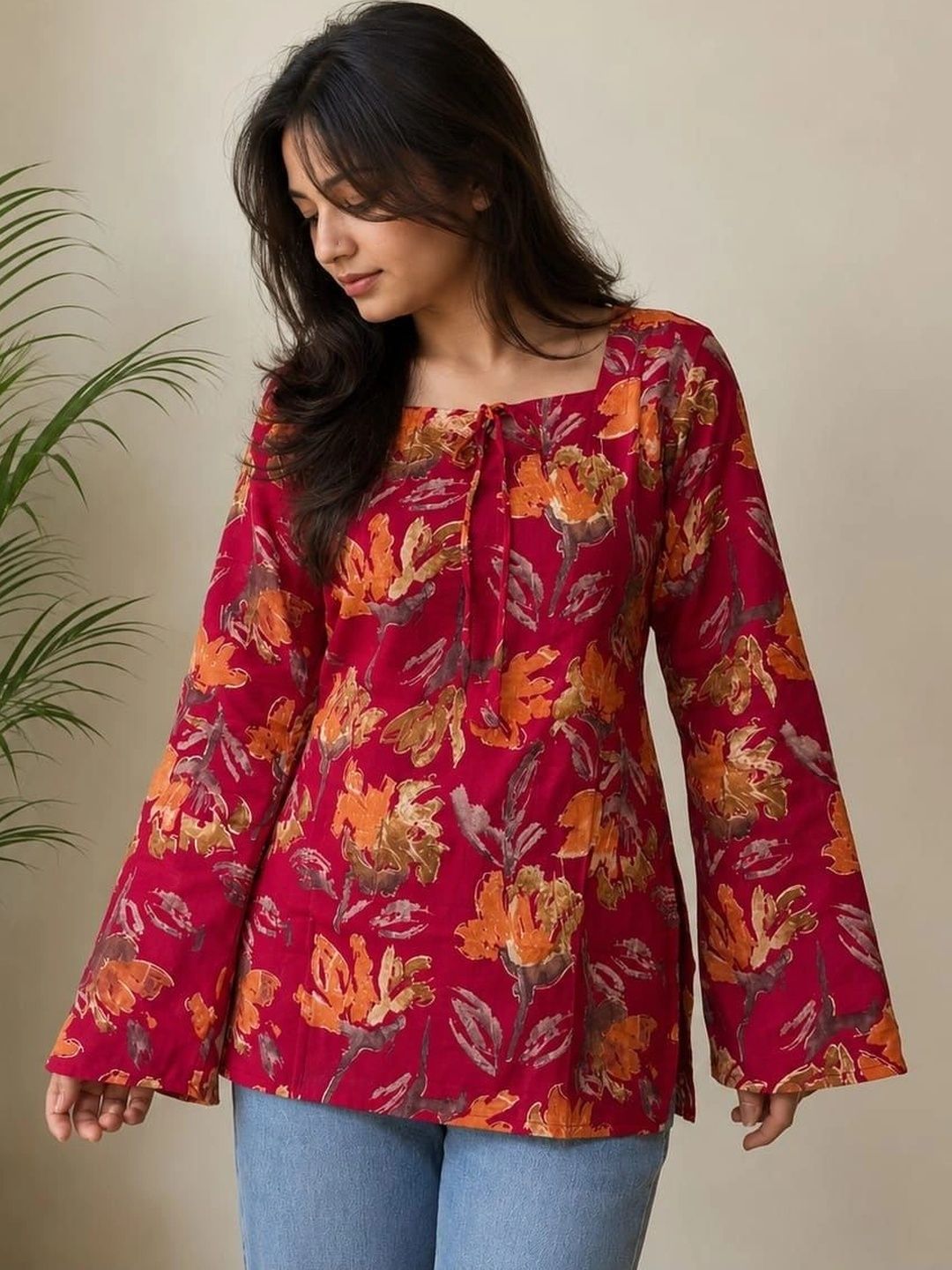 KURVEE Floral Printed Square Neck Flared Sleeves Pure Cotton Kurti-picture-10