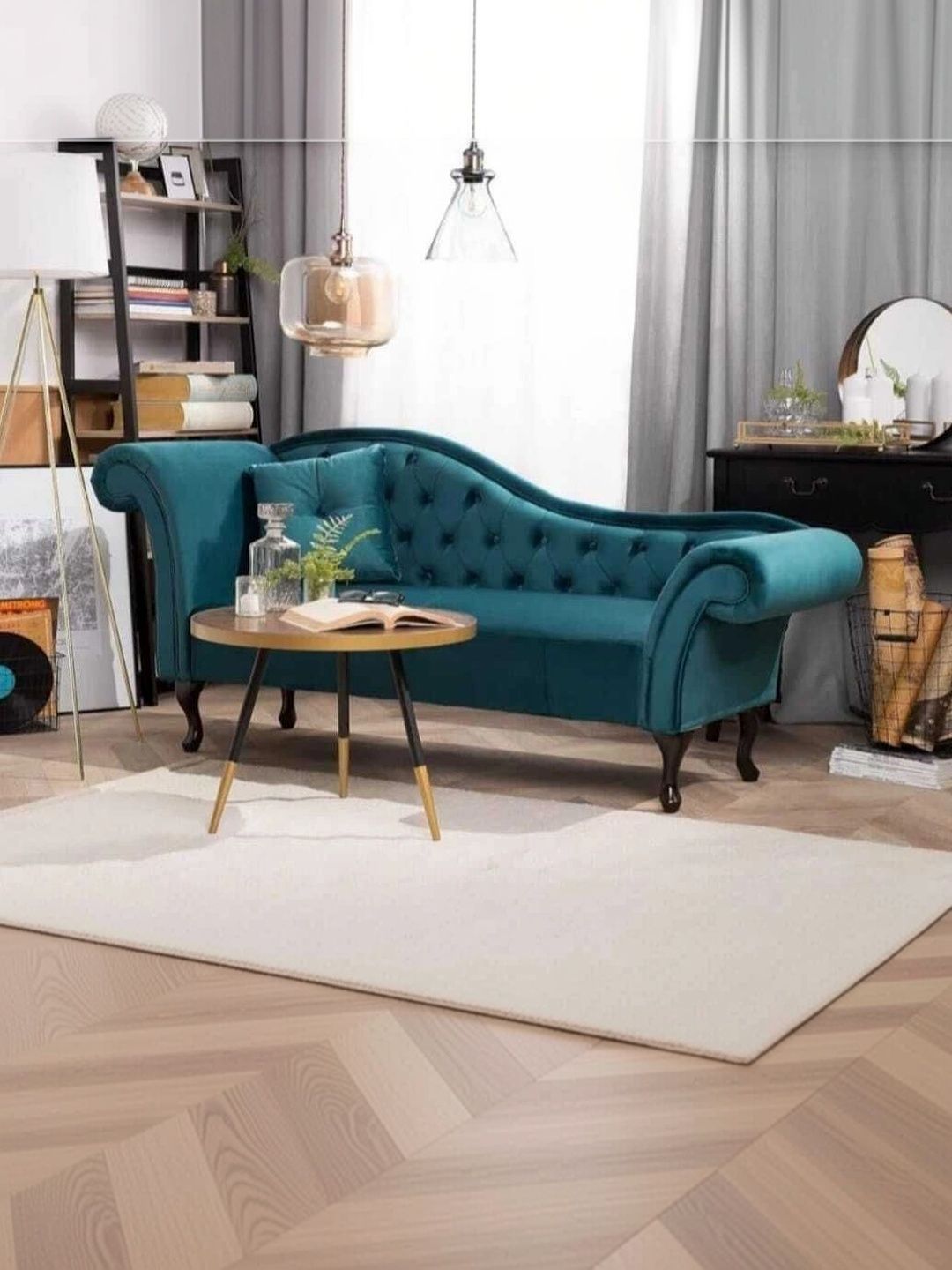 INDIAWOODMART Teal Green Velvet & Wooden 2 Seater Sofa-picture-2