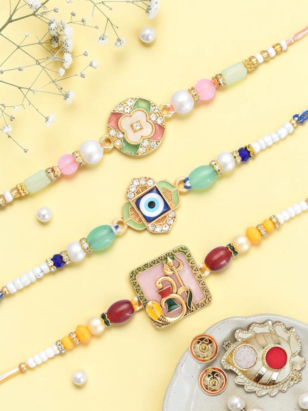 MEIRA JEWELLERY Set of 3 Gold Plated Beaded Rakhi with Pooja Thali Roli & Chawal-picture-26