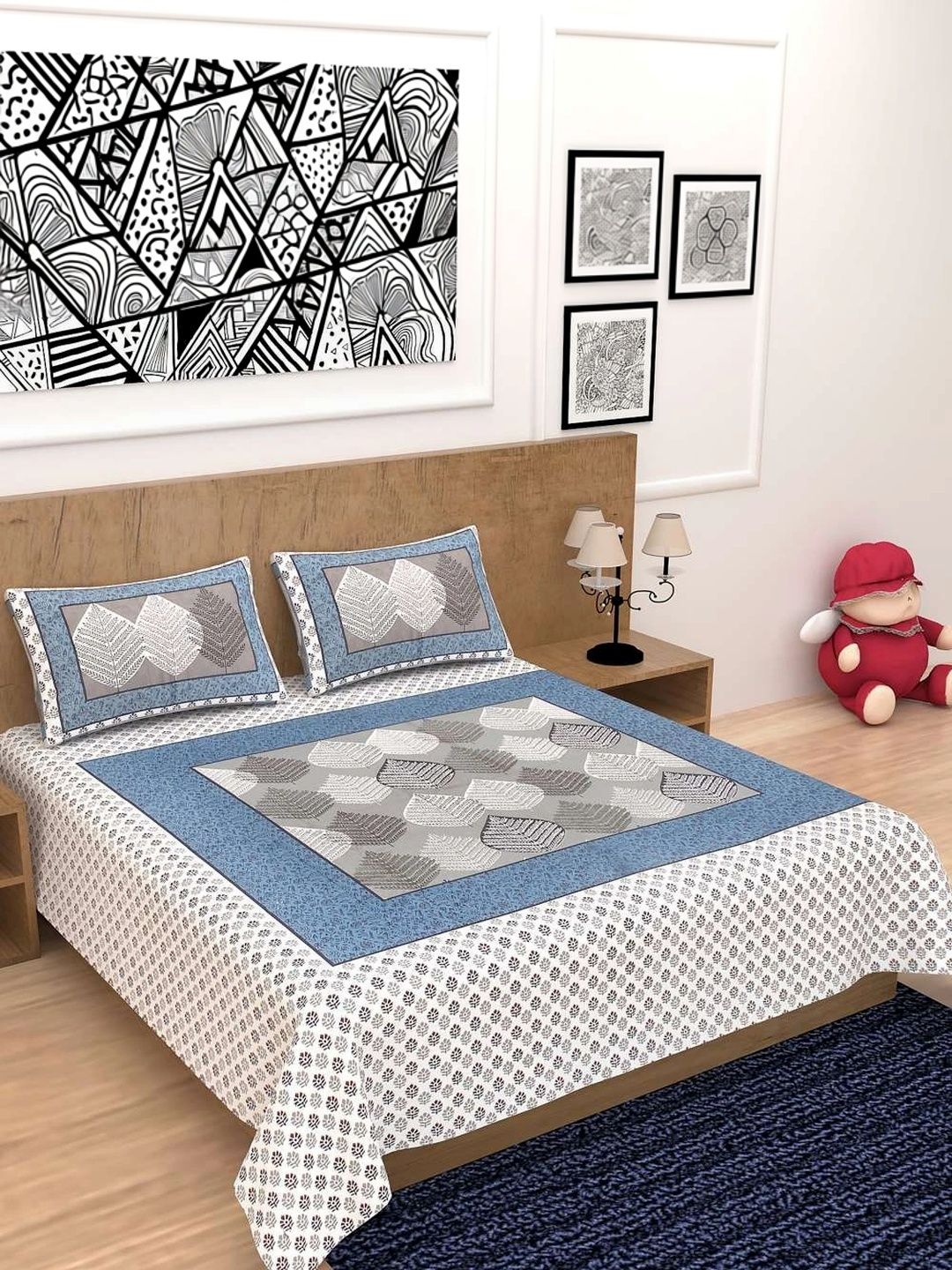 POOSHOP Blue & White Floral 144 TC Bedsheet with 2 Pillow Covers-image-44