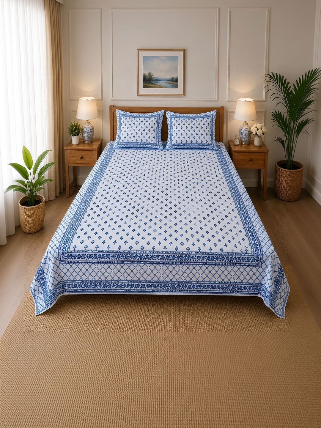 Senora Blue Floral 180 TC Bedsheet with 2 Pillow Covers-image-49