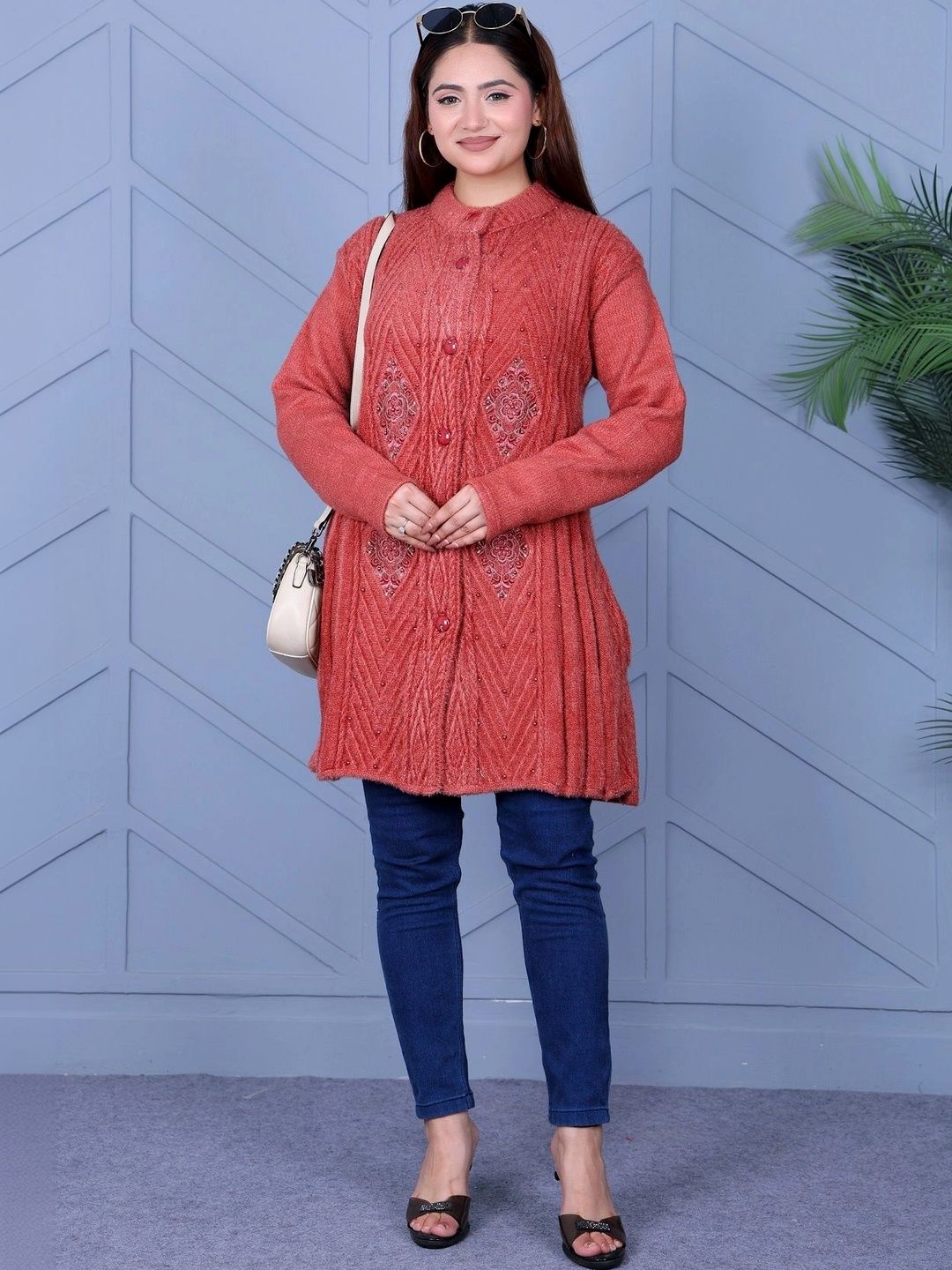 DUTCH DREAM Women Cable Knit Woollen Longline Cardigan with Embroidered Detail-picture-57