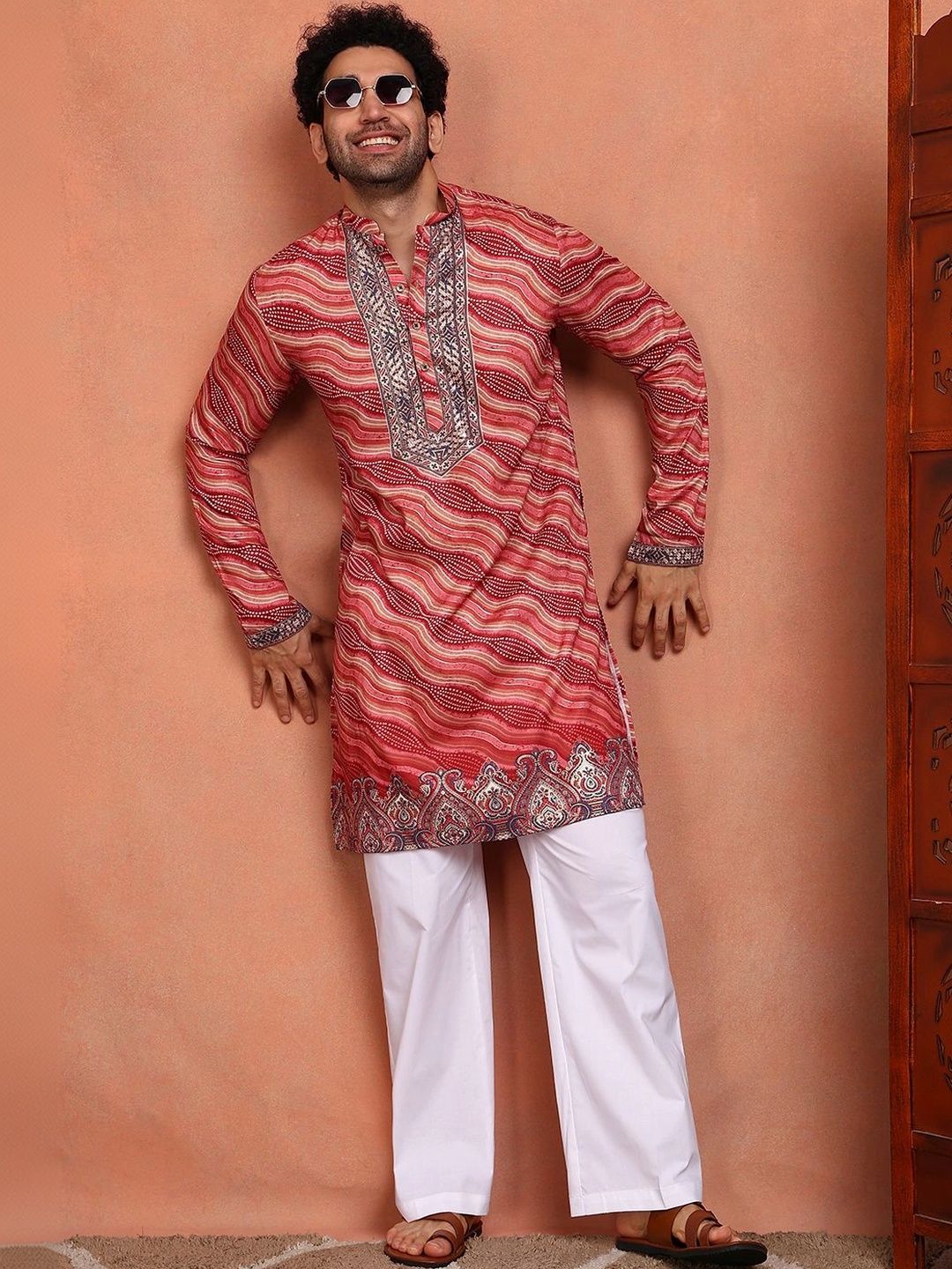 See Designs Men Leheriya Printed Thread Work Chanderi Silk Kurta-image-43