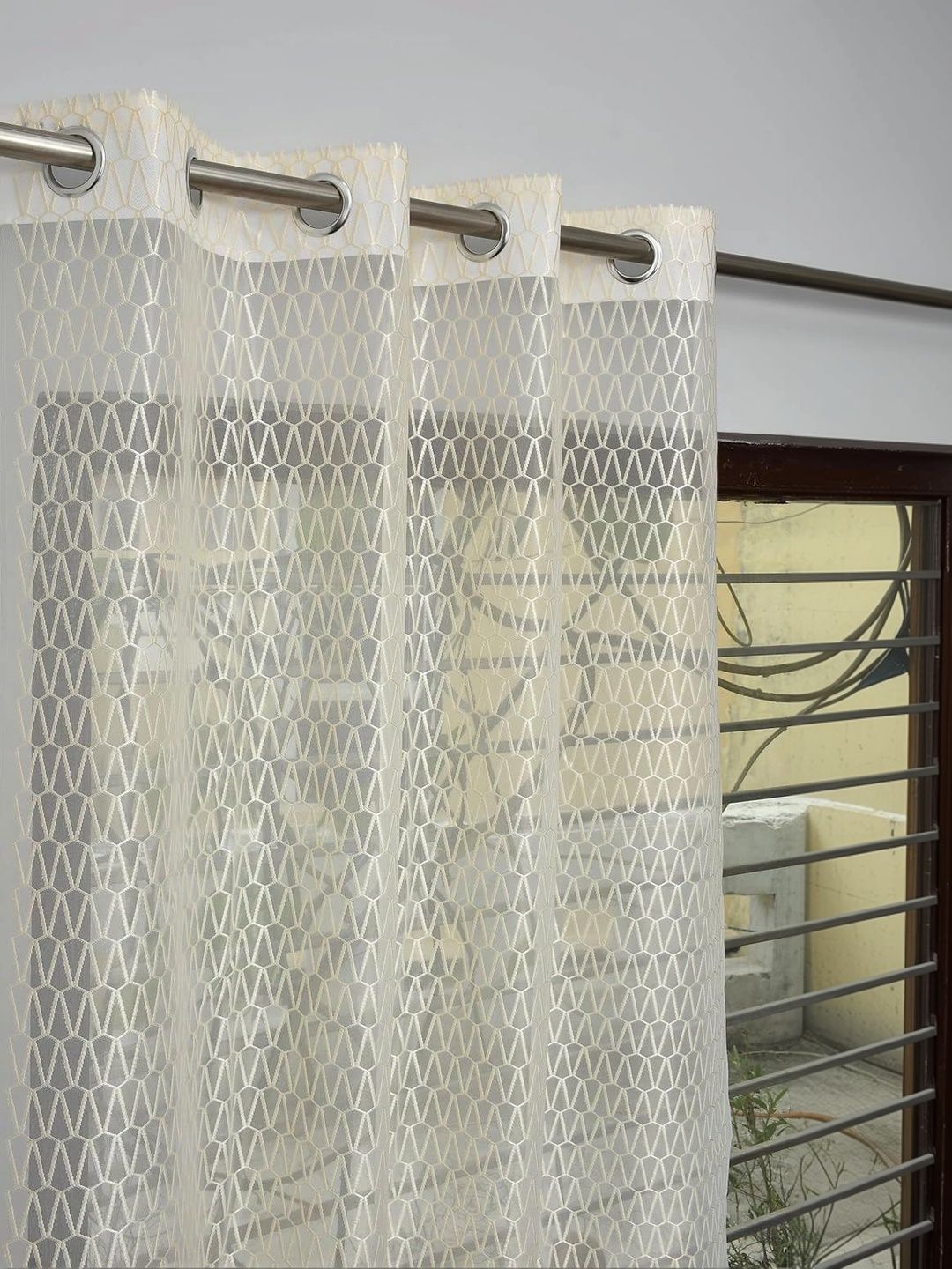 KFHDecor Cream-Coloured Set of 2 Geometric Sheer Long Door Curtain-image-41