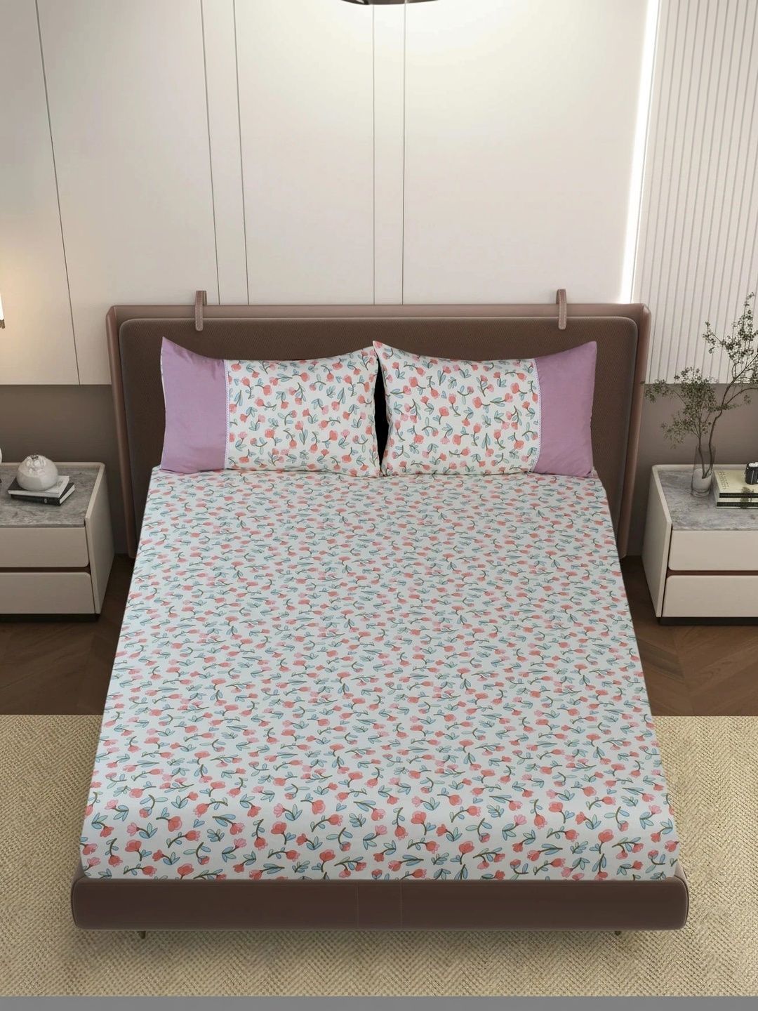 Homio Blue & Beige Floral 250 TC King Bedsheet with 2 Pillow Covers-image-11