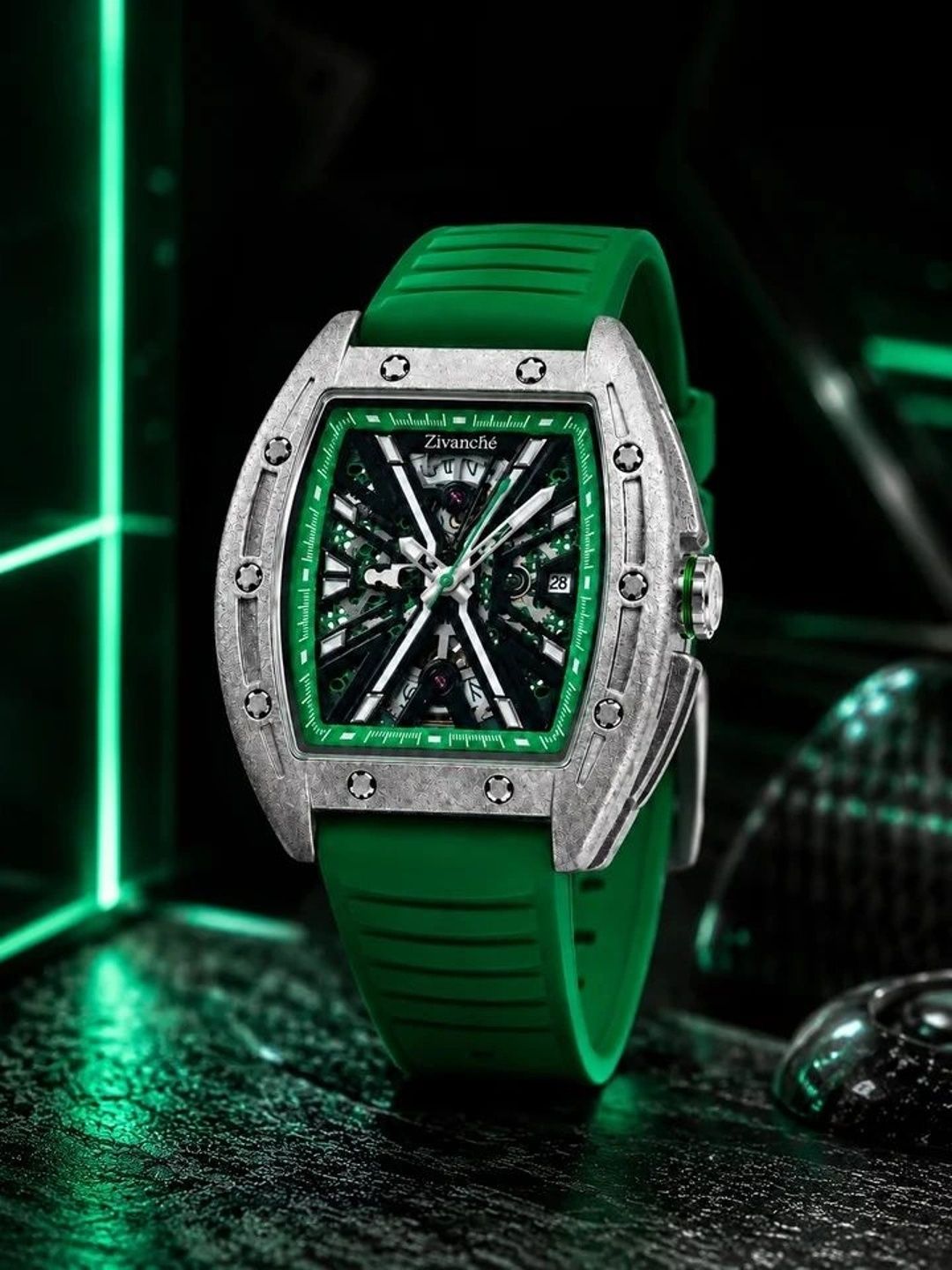 ZIVANCHE Men Skeleton Dial & Stainless Steel Straps Analogue Chronograph Automatic Watch HyprVlt Slv Green-picture-12