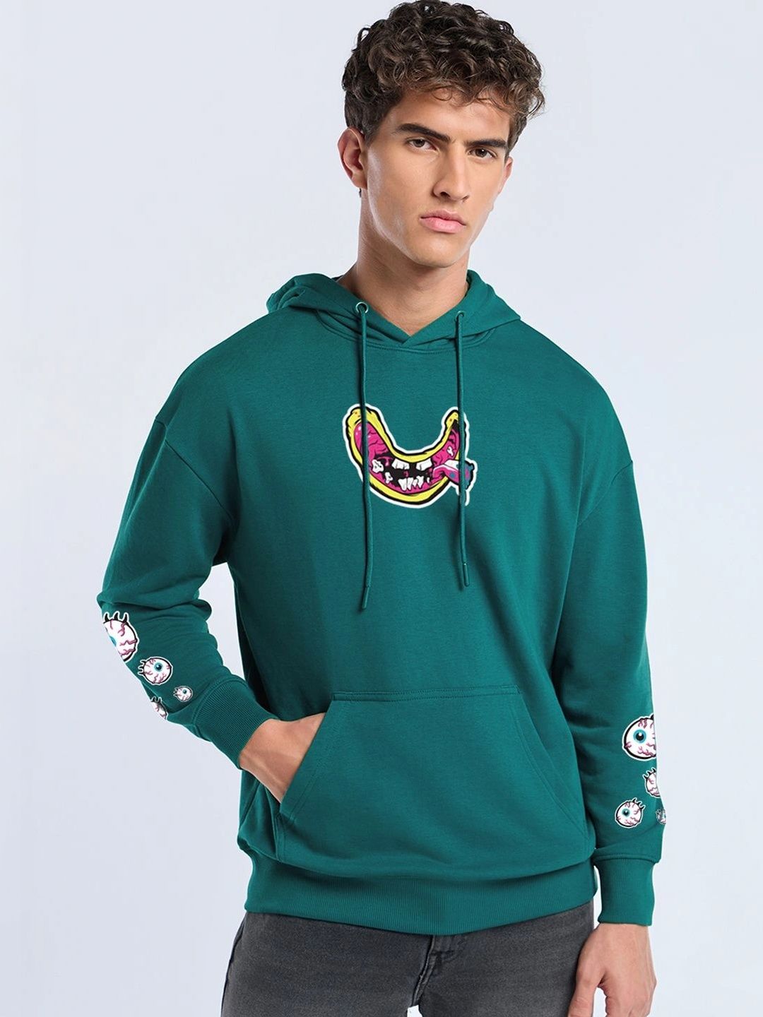 Bewakoof Men's Green Blowing Graphic Printed Oversized Hoodies-image-2