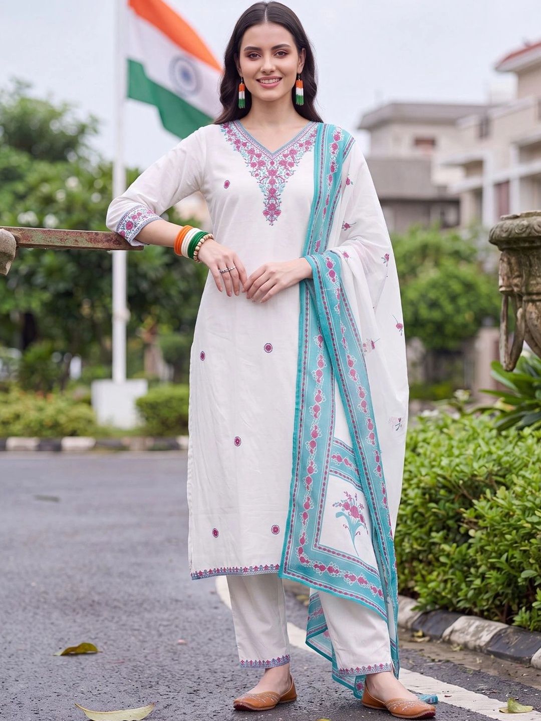 Indo Era Women Ethnic Motifs Embroidered Regular Thread Work Pure Cotton Kurta with Trousers & With Dupatta-picture-38