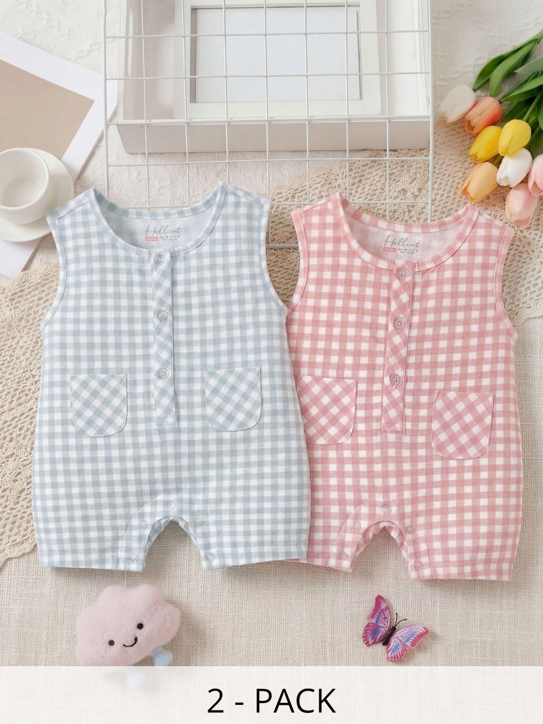 HELLCAT Infants Pack of 2 Checked Cotton Rompers-picture-26