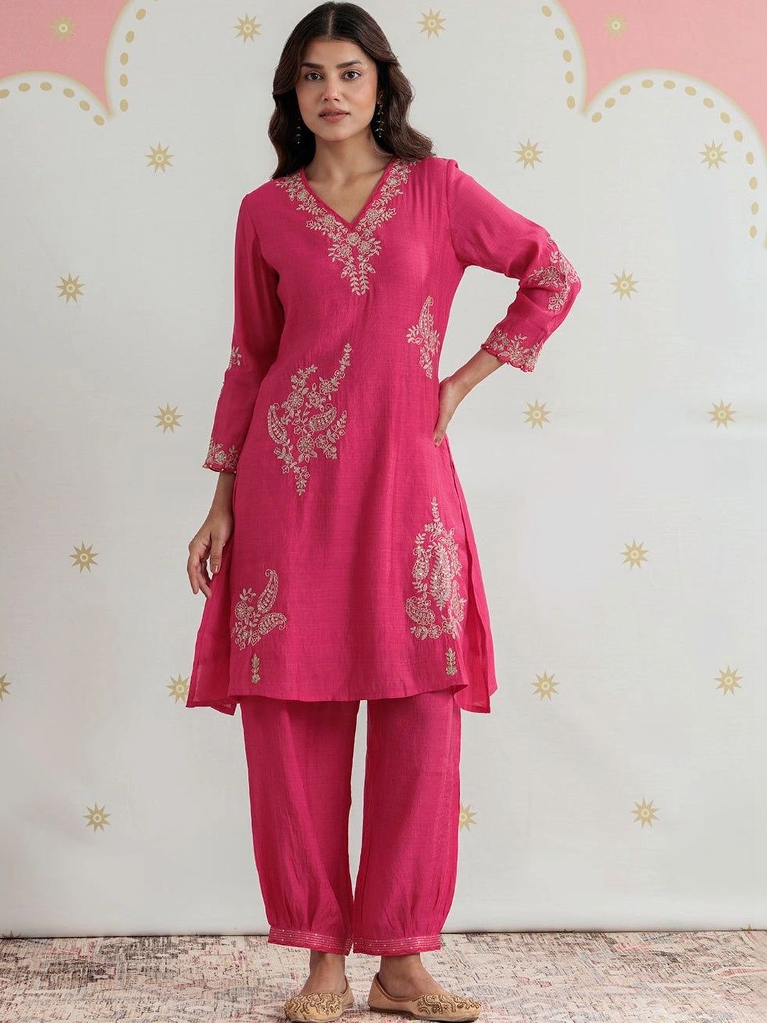Lakshita Women Ethnic Motifs Embroidered Regular Thread Work Chanderi Silk Kurta with Harem Pants-picture-15