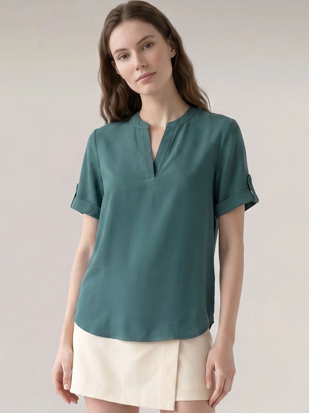 Vero Moda Mandarin Collar Roll-Up Sleeves Top-picture-17