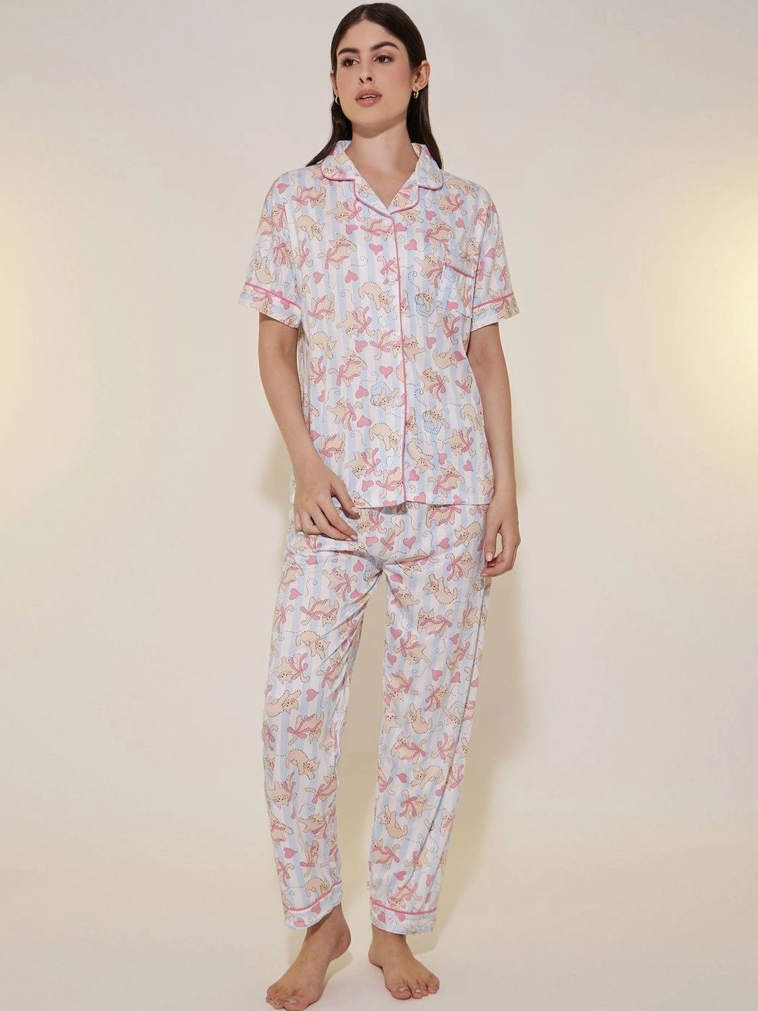 Styli Women Multi Printed V-Neck Short Sleeves Shirt, Shorts & Pyjamas Night Suit-picture-22