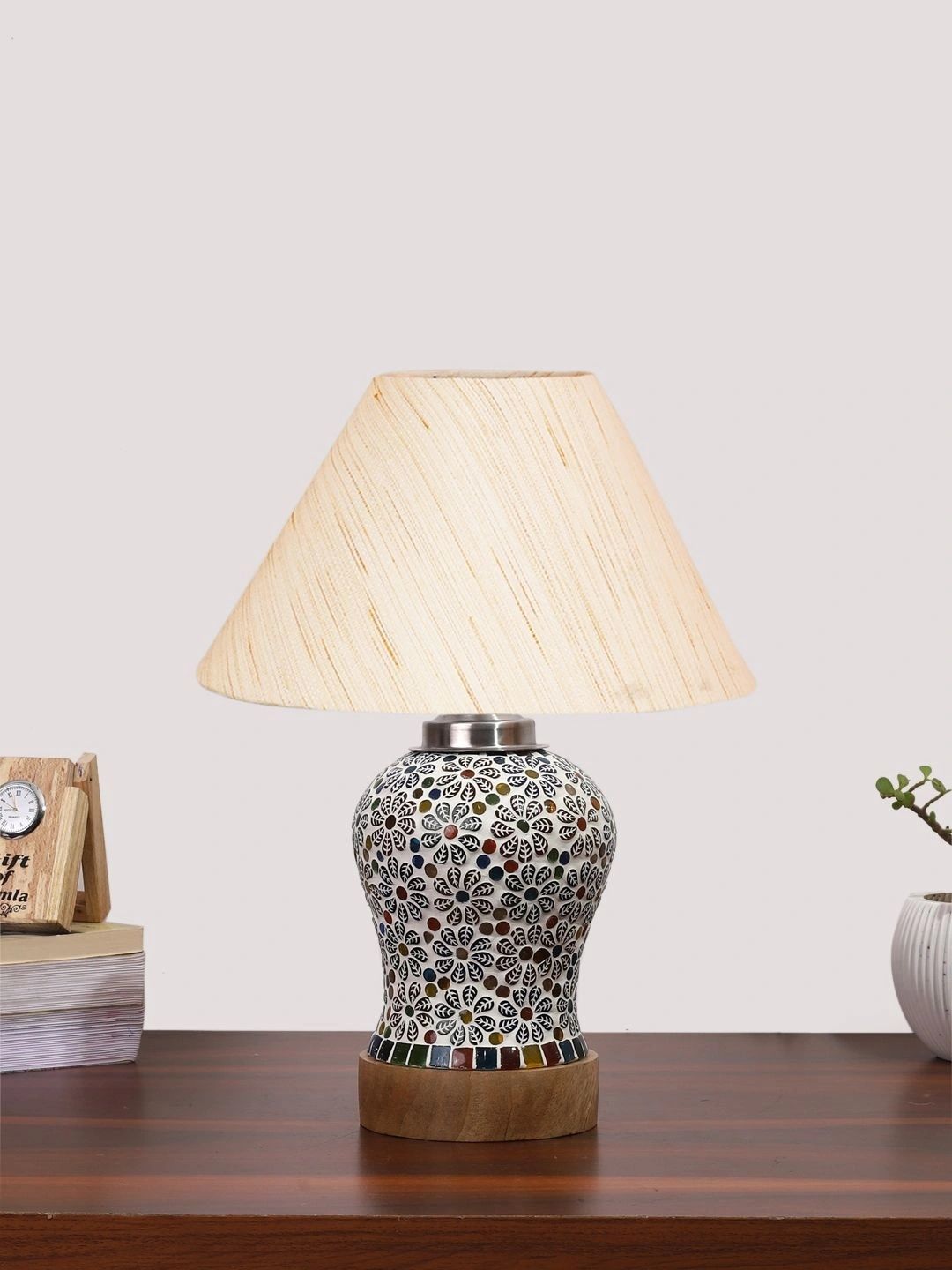 Myntra Elegant Homes Off White Textured Glass Traditional Frusturical Shaped Table Lamp-picture-34